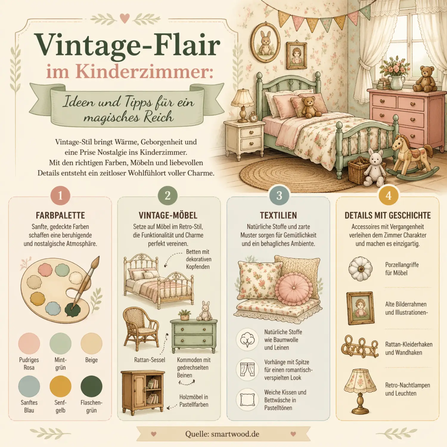 Smartwood-Infografik - Vintage-Flair im Kinderzimmer: gedämpfte Farben, Retro-Möbel, natürliche Textilien und dekorative Details für ein zeitloses Kinderzimmer.