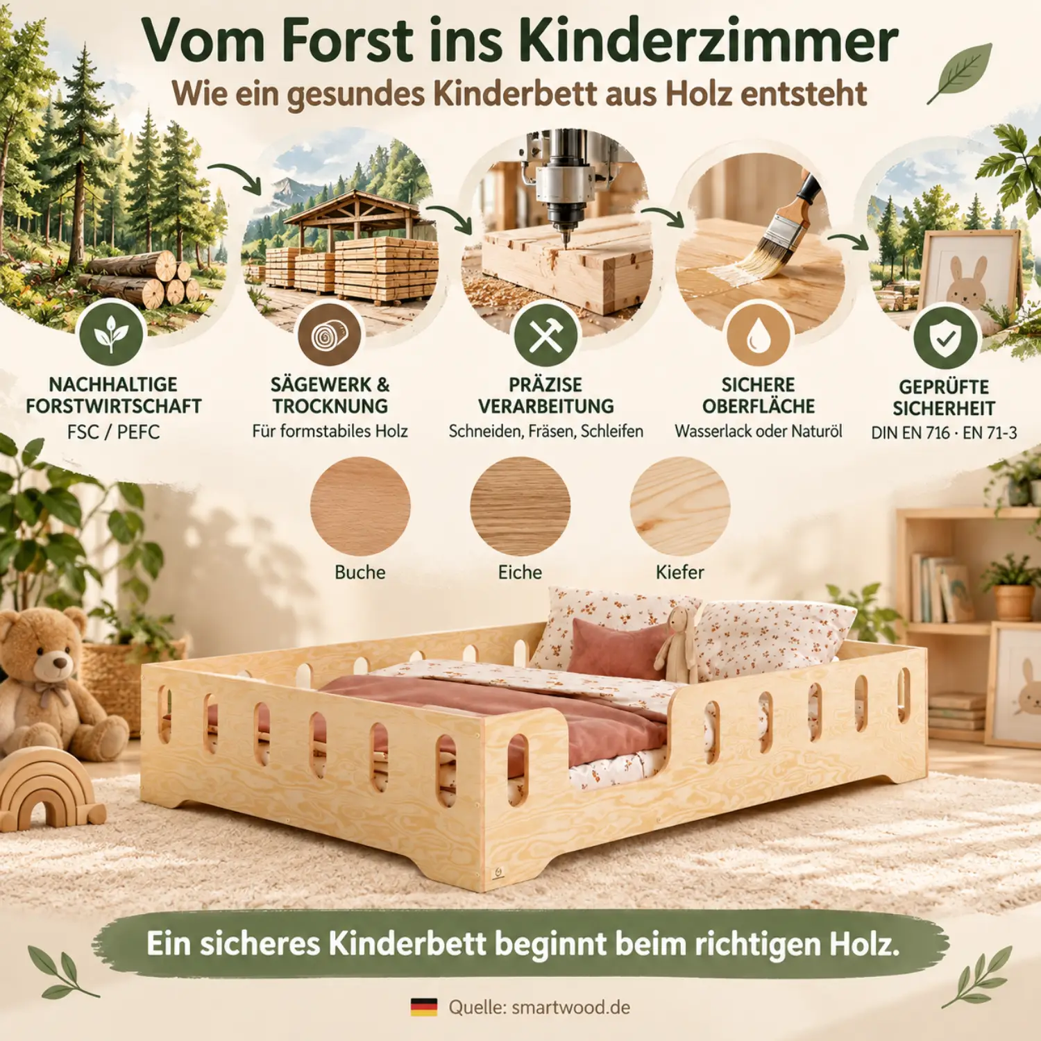 Infografik: vom Wald zum Kinderbett - Forstwirtschaft, Sägewerk, präzise Verarbeitung, sichere Oberfläche und geprüfte Sicherheit.