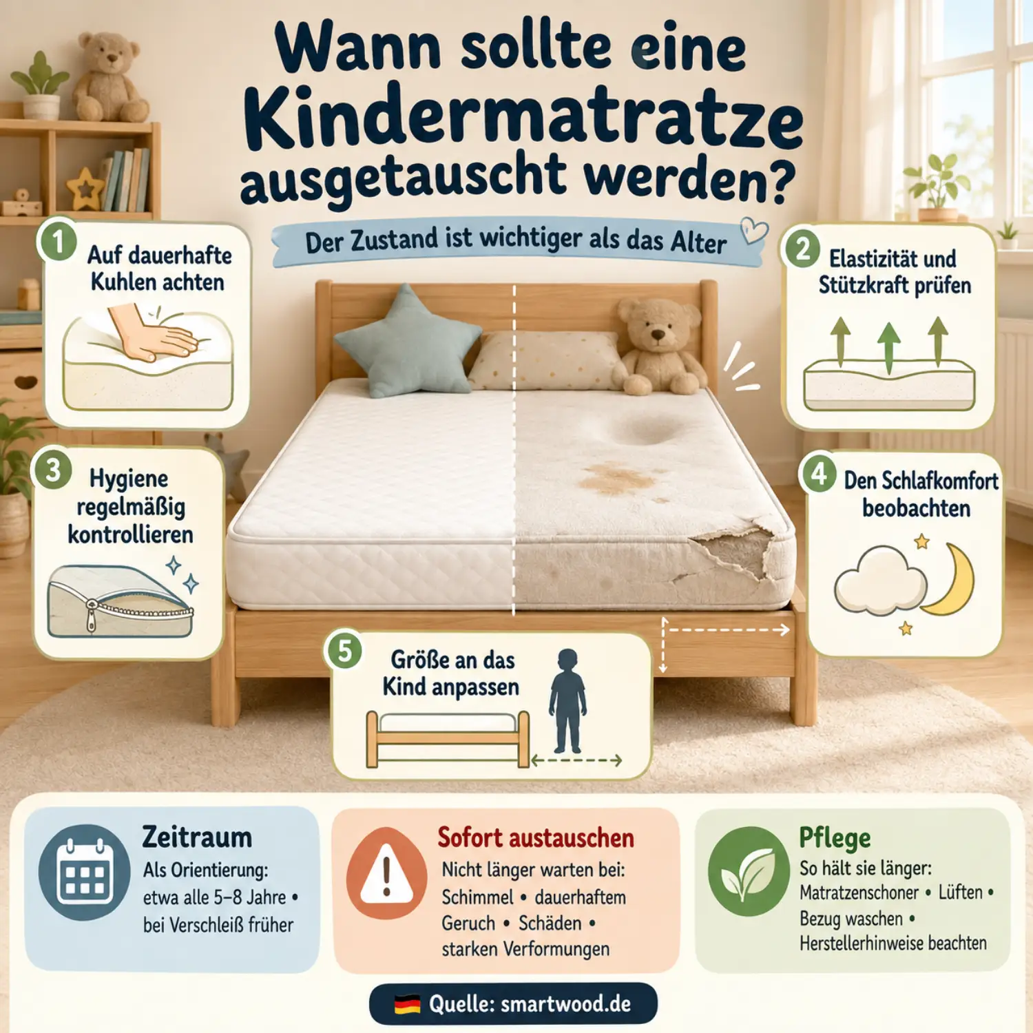 Infografik: Kindermatratze austauschen - dauerhafte Kuhlen, Elastizität, Hygiene, Schlafkomfort und passende Größe fürs Kind.