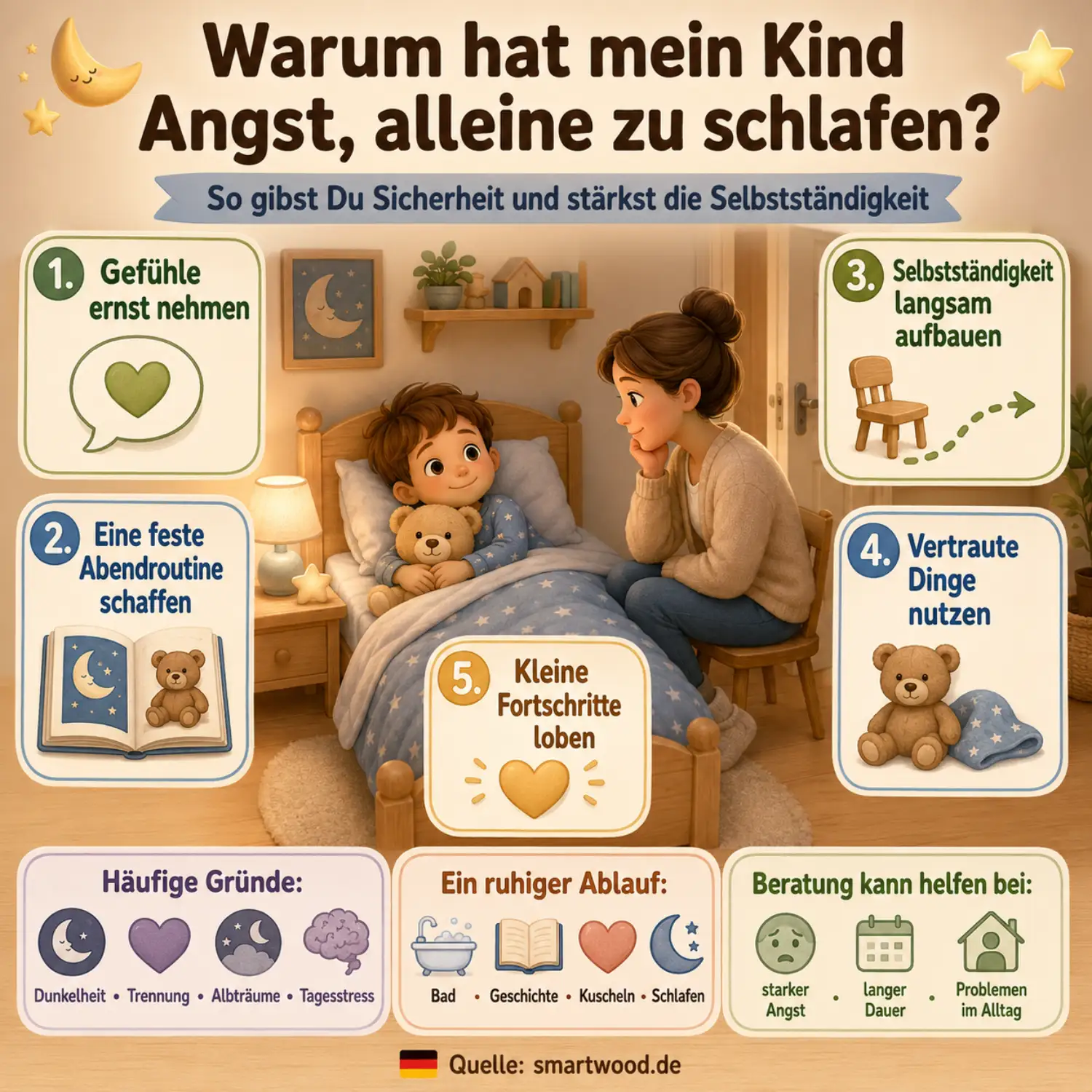 Infografik: Angst allein zu schlafen - Gefühle ernst nehmen, feste Abendroutine, Selbstständigkeit aufbauen, vertraute Dinge und Lob.