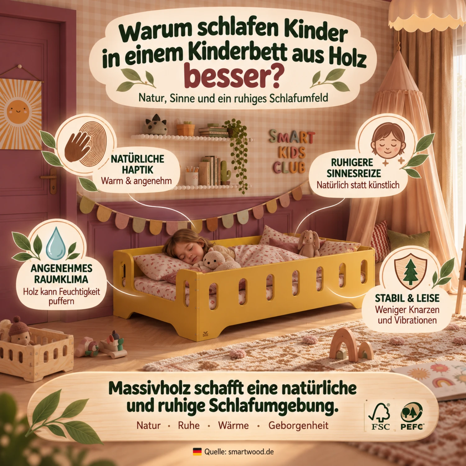Infografik: warum Kinder im Holzbett besser schlafen - natürliche Haptik, ruhigere Sinnesreize, angenehmes Raumklima und leise Konstruktion.