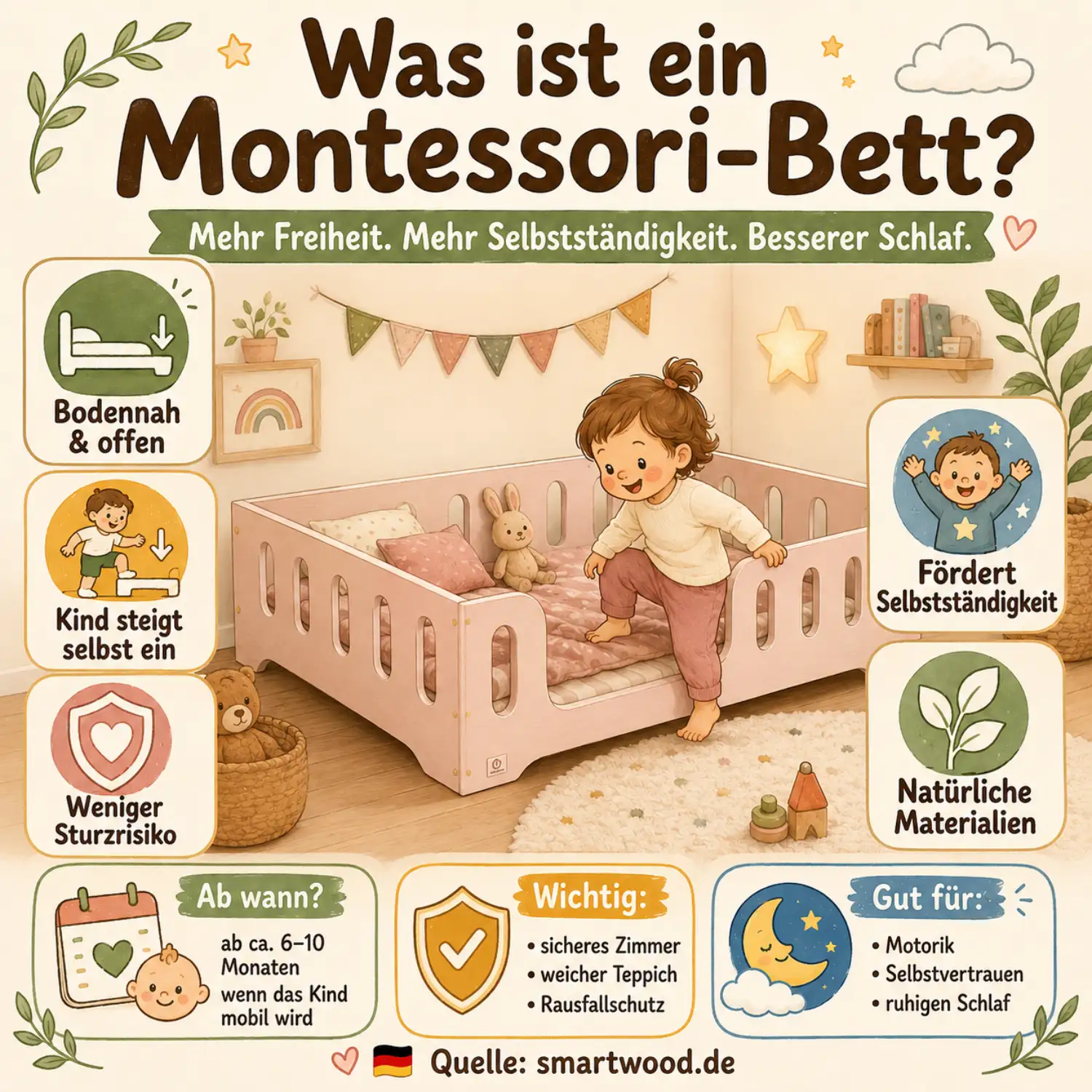 Infografik: Was ist ein Montessori-Bett — bodennah und offen, fördert Selbstständigkeit, weniger Sturzrisiko und natürliche Materialien.