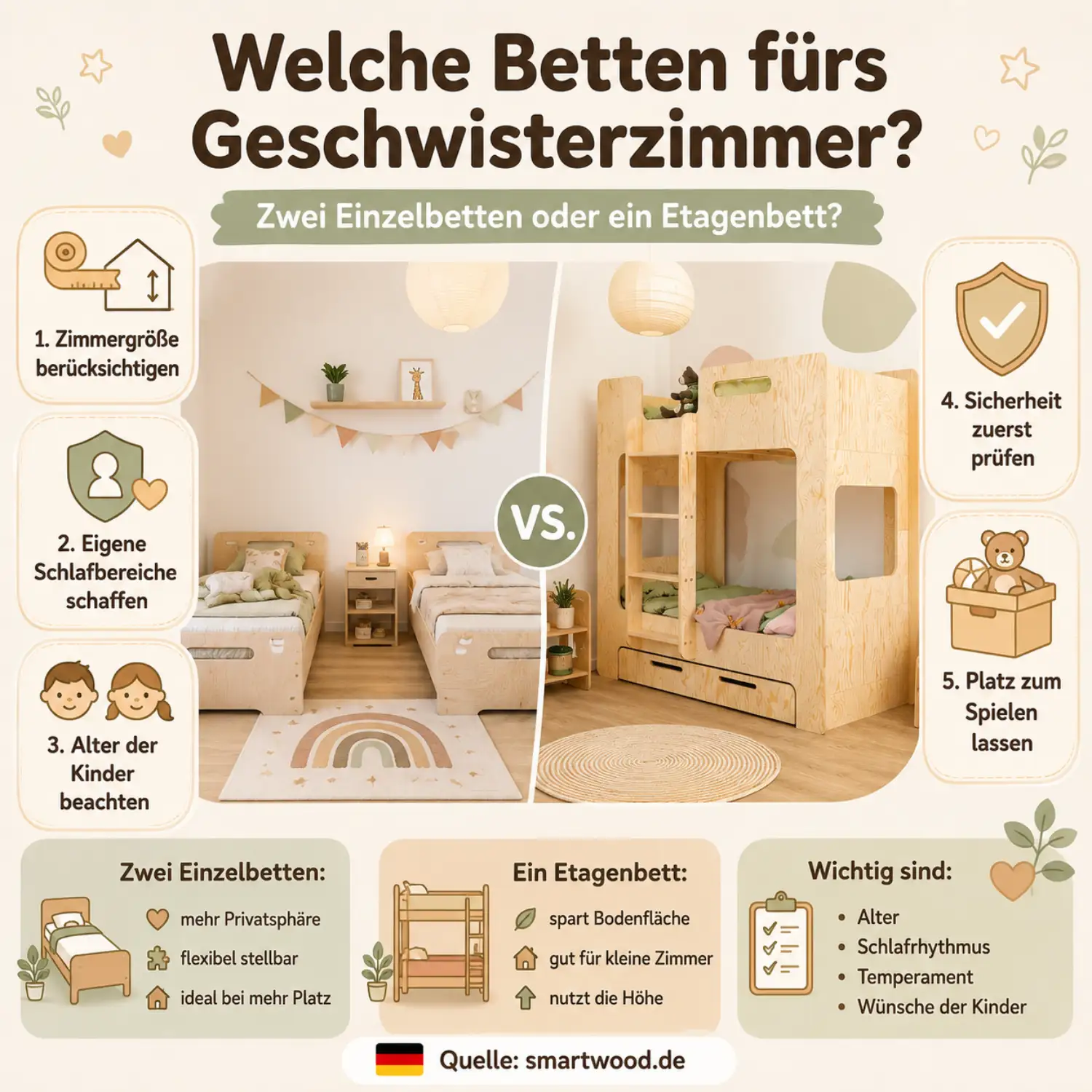 Infografik: Betten fürs Geschwisterzimmer - zwei Einzelbetten oder Etagenbett, Zimmergröße, eigene Schlafbereiche, Alter und Sicherheit.
