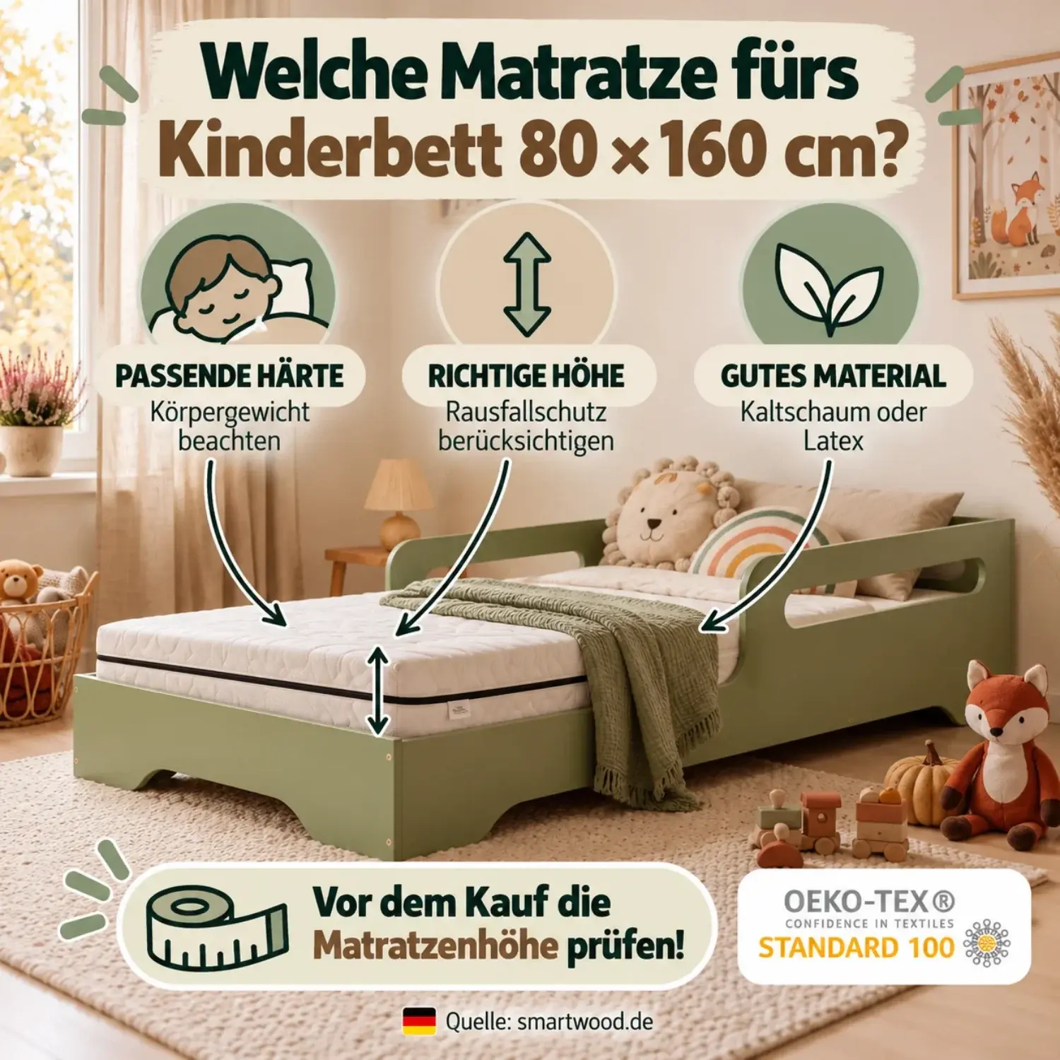 Infografik: Matratze fürs Kinderbett 80 × 160 — passende Härte nach Körpergewicht, richtige Höhe im Verhältnis zum Rausfallschutz und Kaltschaum oder Latex.