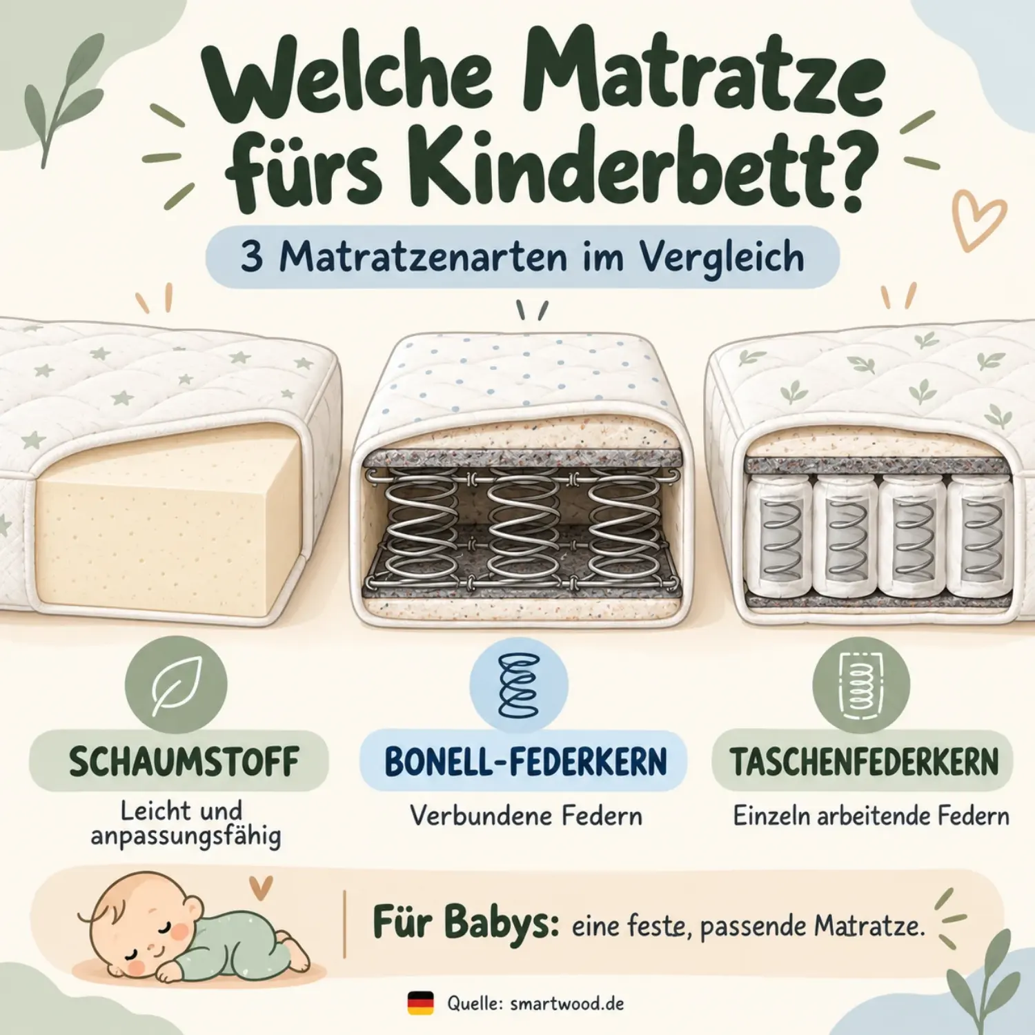 Vergleich von drei Kindermatratzen: Schaumstoff, Bonell-Federkern und Taschenfederkern, mit den jeweiligen Eigenschaften