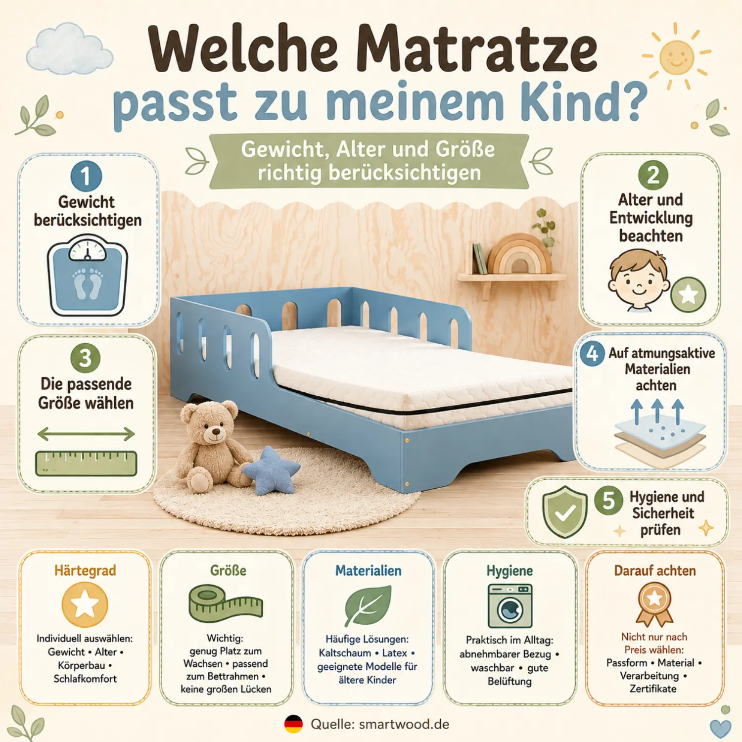Infografik: welche Matratze passt zum Kind - Gewicht, Alter, passende Größe, atmungsaktive Materialien und Hygiene.