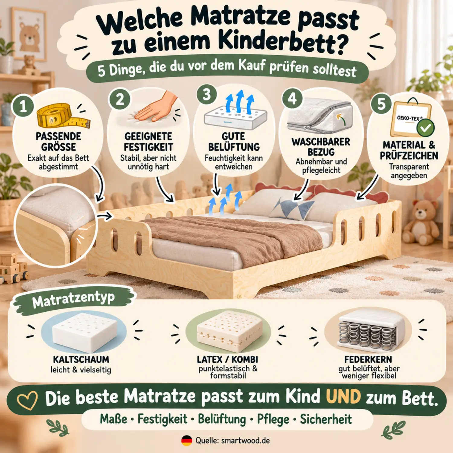 Infografik: fünf Punkte vor dem Matratzenkauf - passende Größe, Festigkeit, Belüftung, waschbarer Bezug und Materialangaben, mit Matratzentypen.