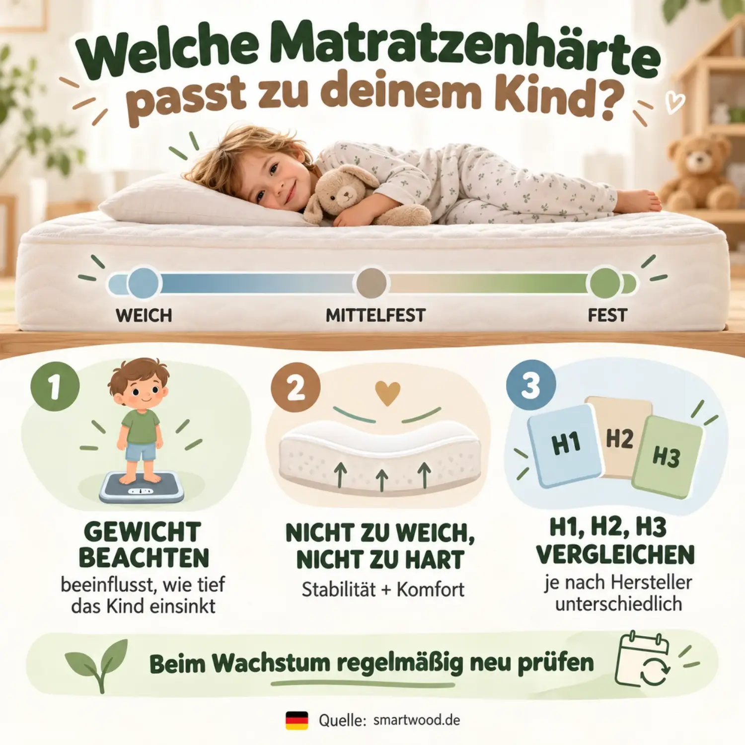 Infografik: Matratzenhärte für Kinder - weich, mittelfest, fest, Gewicht als Maßstab und Vergleich der Härtegrade H1, H2 und H3.