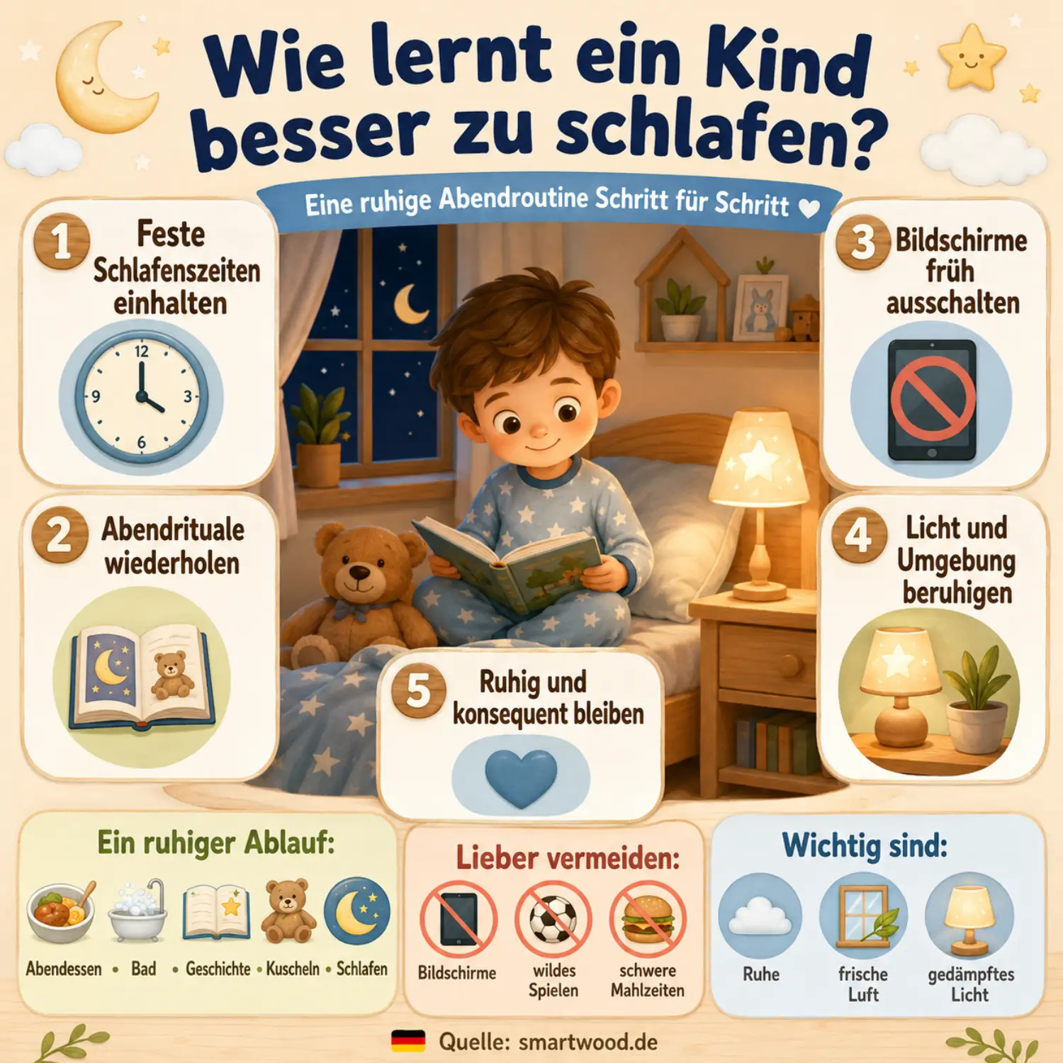 Infografik: wie ein Kind besser schläft - feste Schlafenszeiten, Abendrituale, weniger Bildschirme, ruhige Umgebung und Konsequenz.