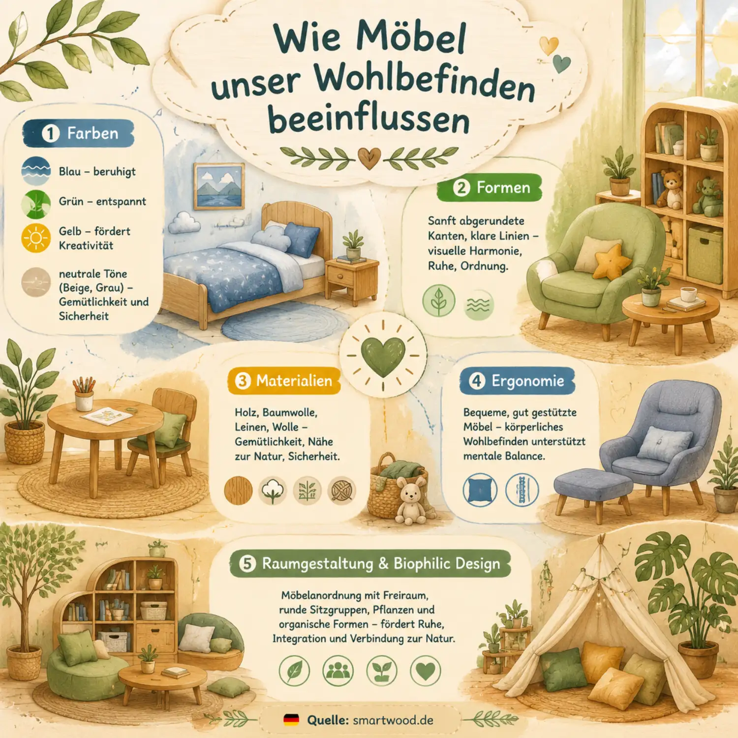 Infografik: wie Möbel unser Wohlbefinden beeinflussen — Farben, Formen, Materialien, Ergonomie und biophiles Design.