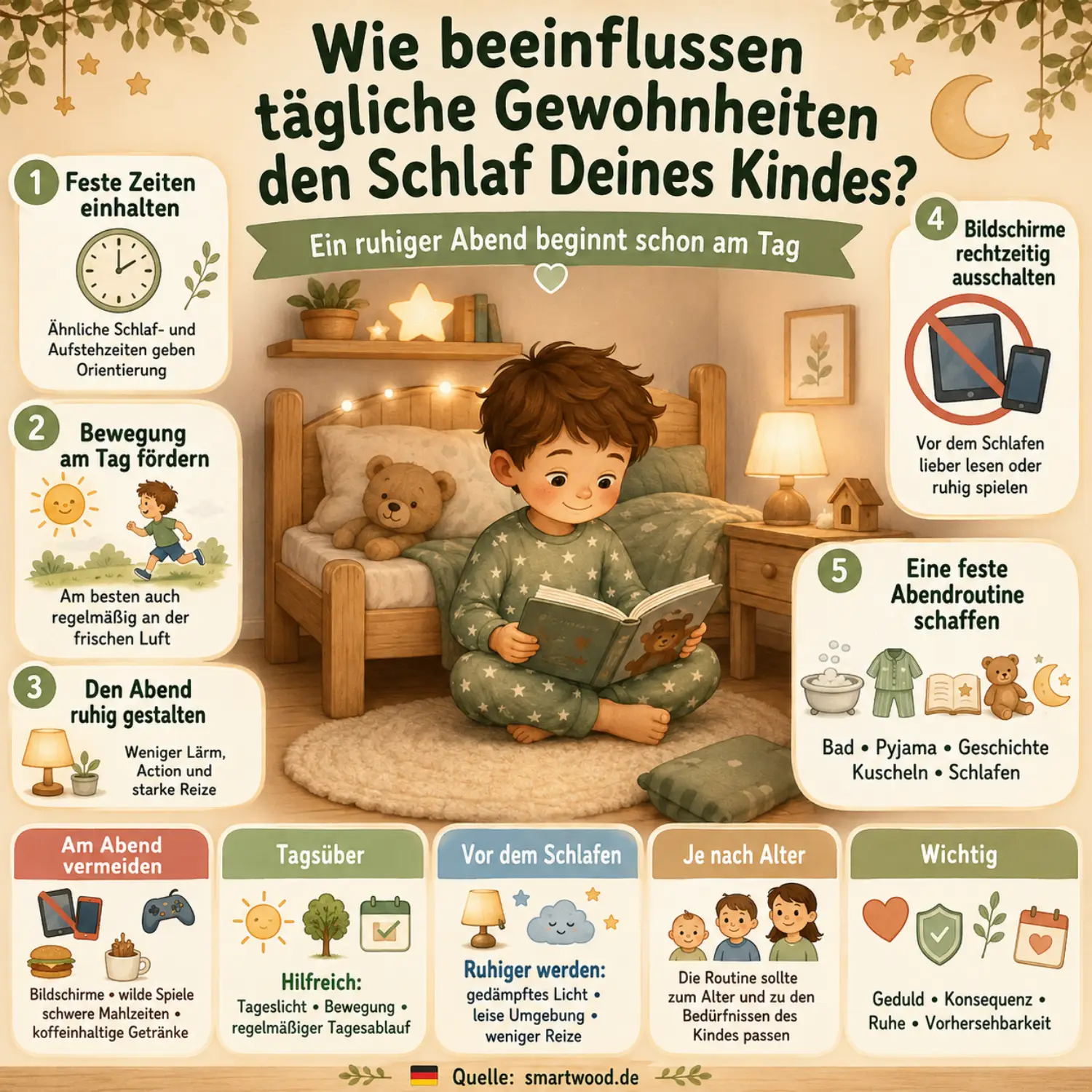 Infografik: wie tägliche Gewohnheiten den Schlaf des Kindes beeinflussen — feste Zeiten, Bewegung, ruhiger Abend und weniger Bildschirme.