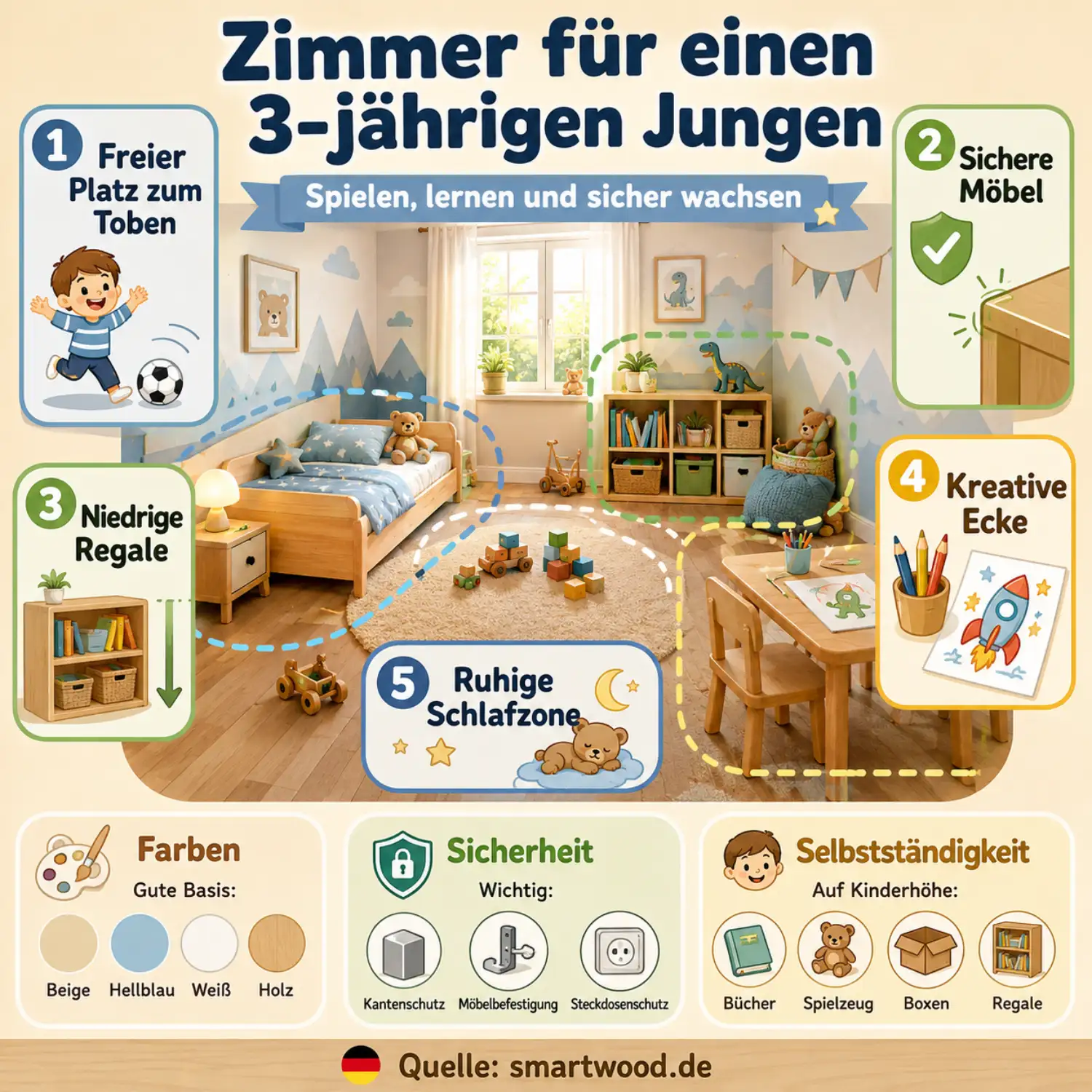 Infografik: Zimmer für einen 3-jährigen Jungen - Platz zum Toben, sichere Möbel, niedrige Regale, kreative Ecke und ruhige Schlafzone.