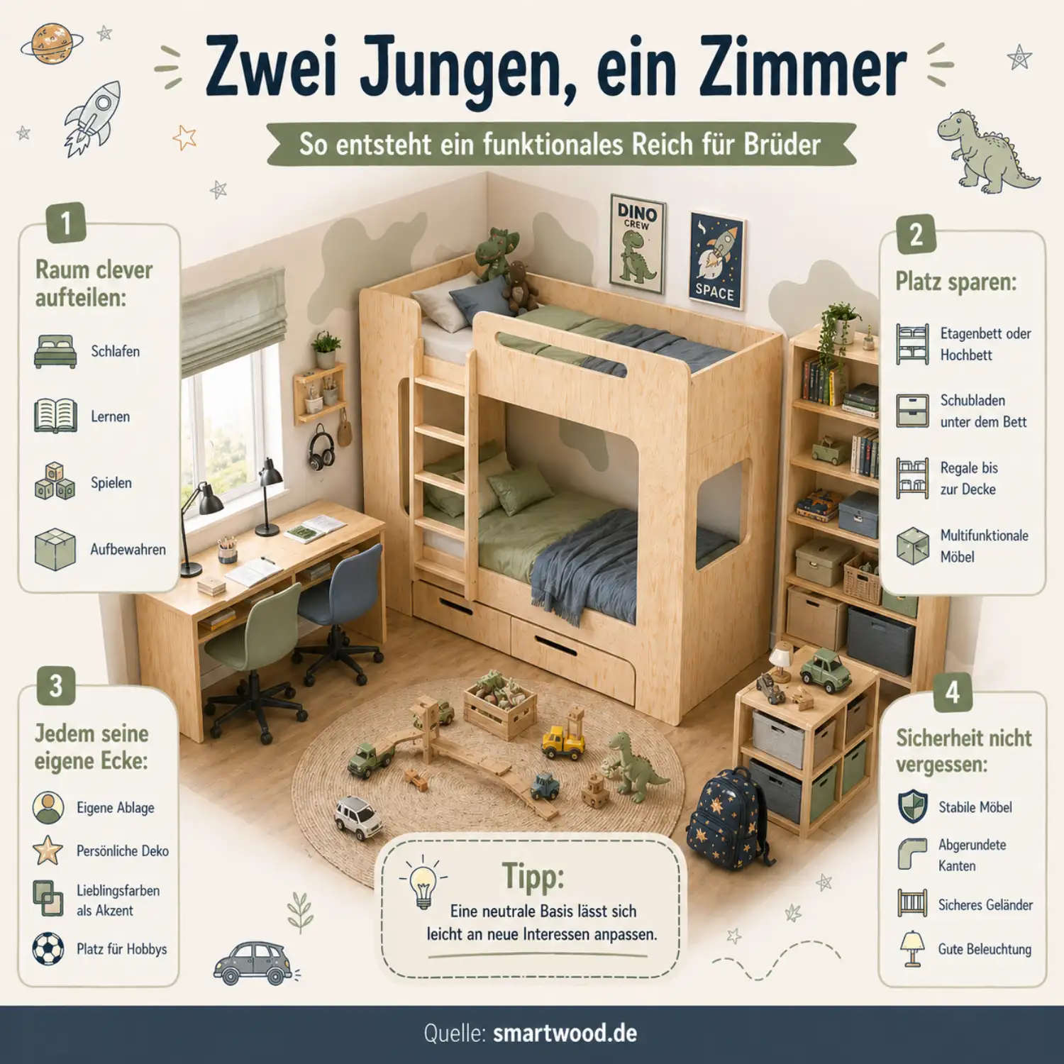Smartwood-Infografik - zwei Jungen, ein Zimmer: clevere Raumaufteilung, platzsparende Möbel und Sicherheitstipps für Brüder.