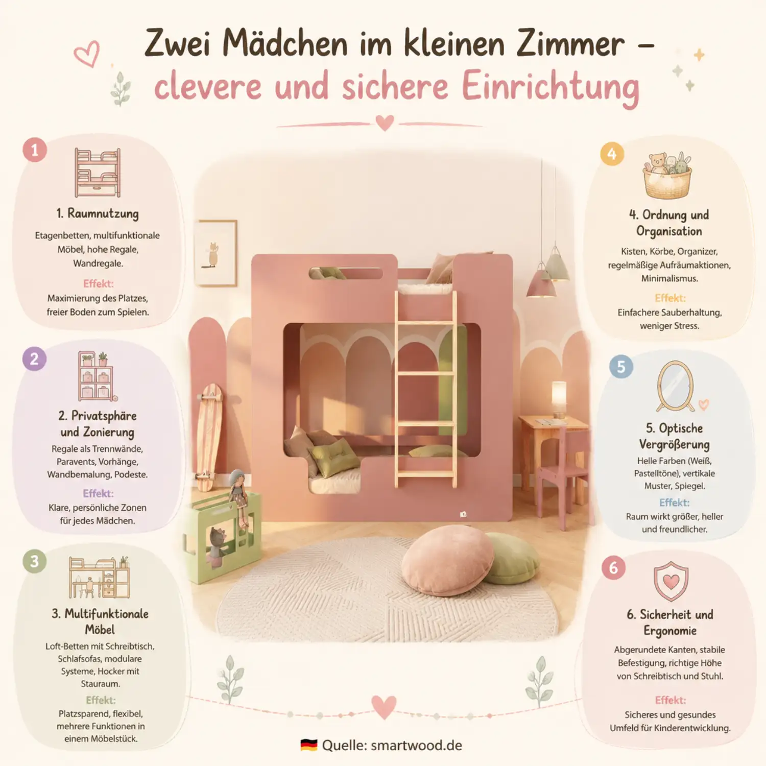 Smartwood-Infografik - zwei Mädchen im kleinen Zimmer: clevere Raumnutzung, Privatsphäre, multifunktionale Möbel und Sicherheit.