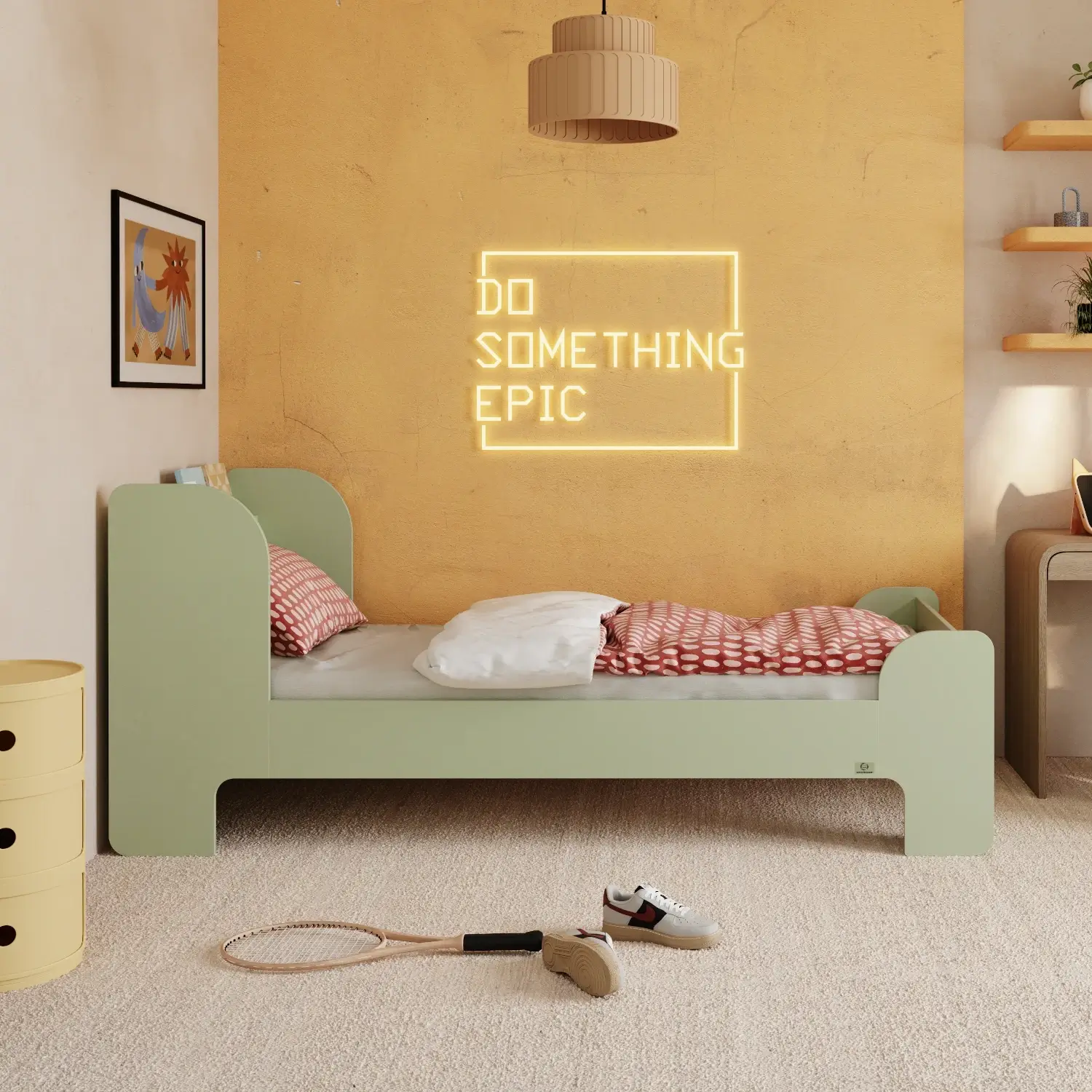 Einzelbett für Kinder und Jugendliche mit Ablage und Lattenrost FLOU Klassisch Holz Grün