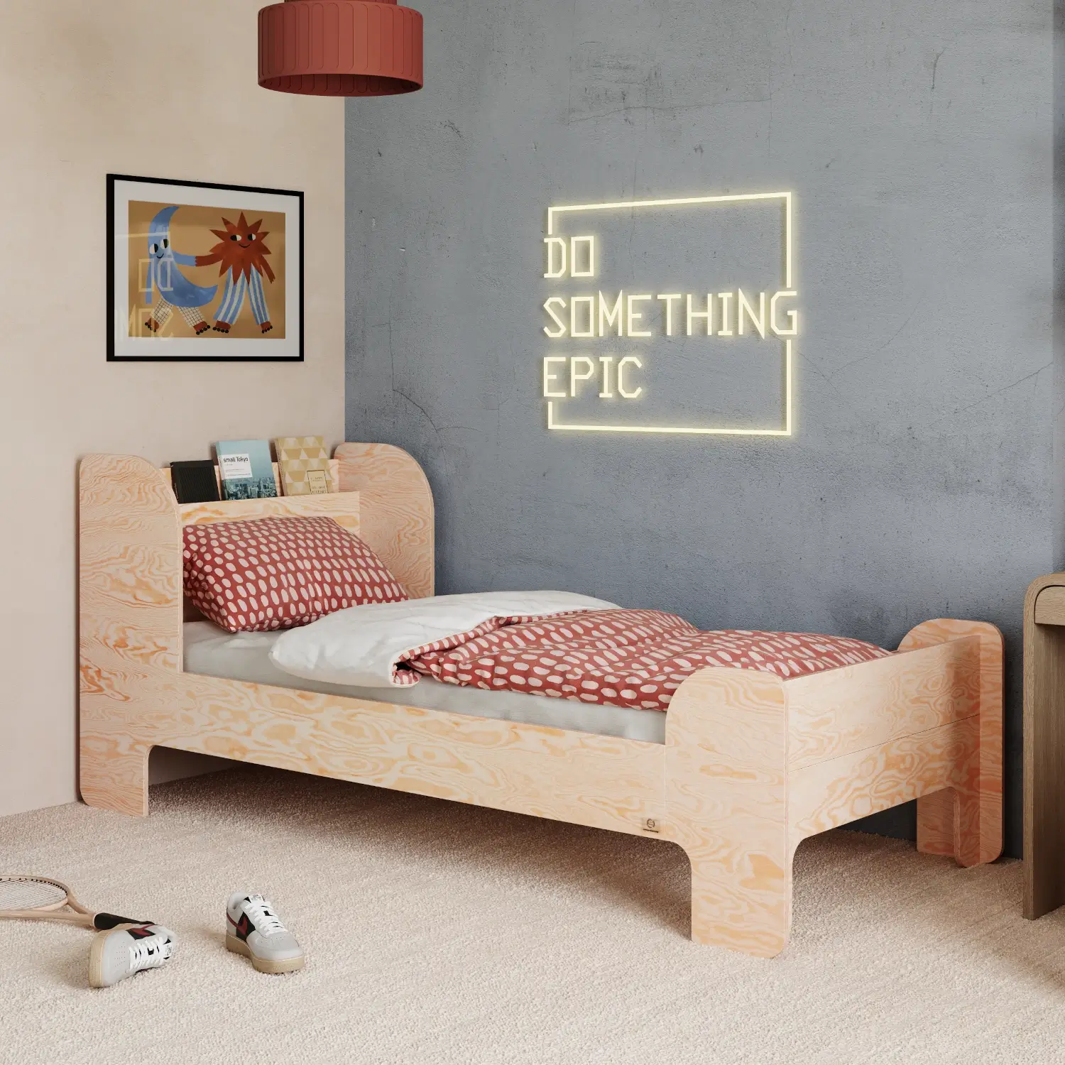 Einzelbett für Kinder und Jugendliche mit Ablage und Lattenrost FLOU Klassisch Holz