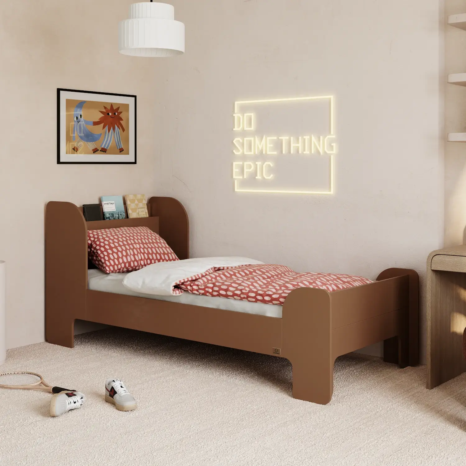 Einzelbett für Kinder und Jugendliche mit Ablage und Lattenrost FLOU Klassisch Holz Schokolade