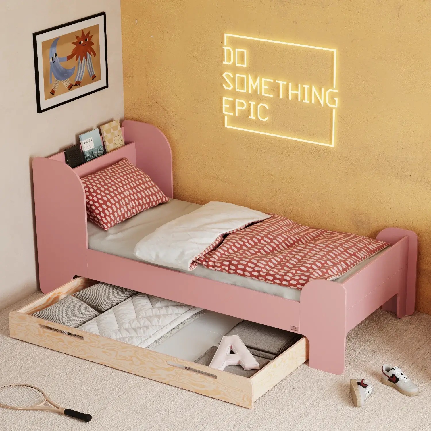 Einzelbett für Kinder und Jugendliche mit Schublade und Lattenrost FLOU D Klassisch Holz Rosa