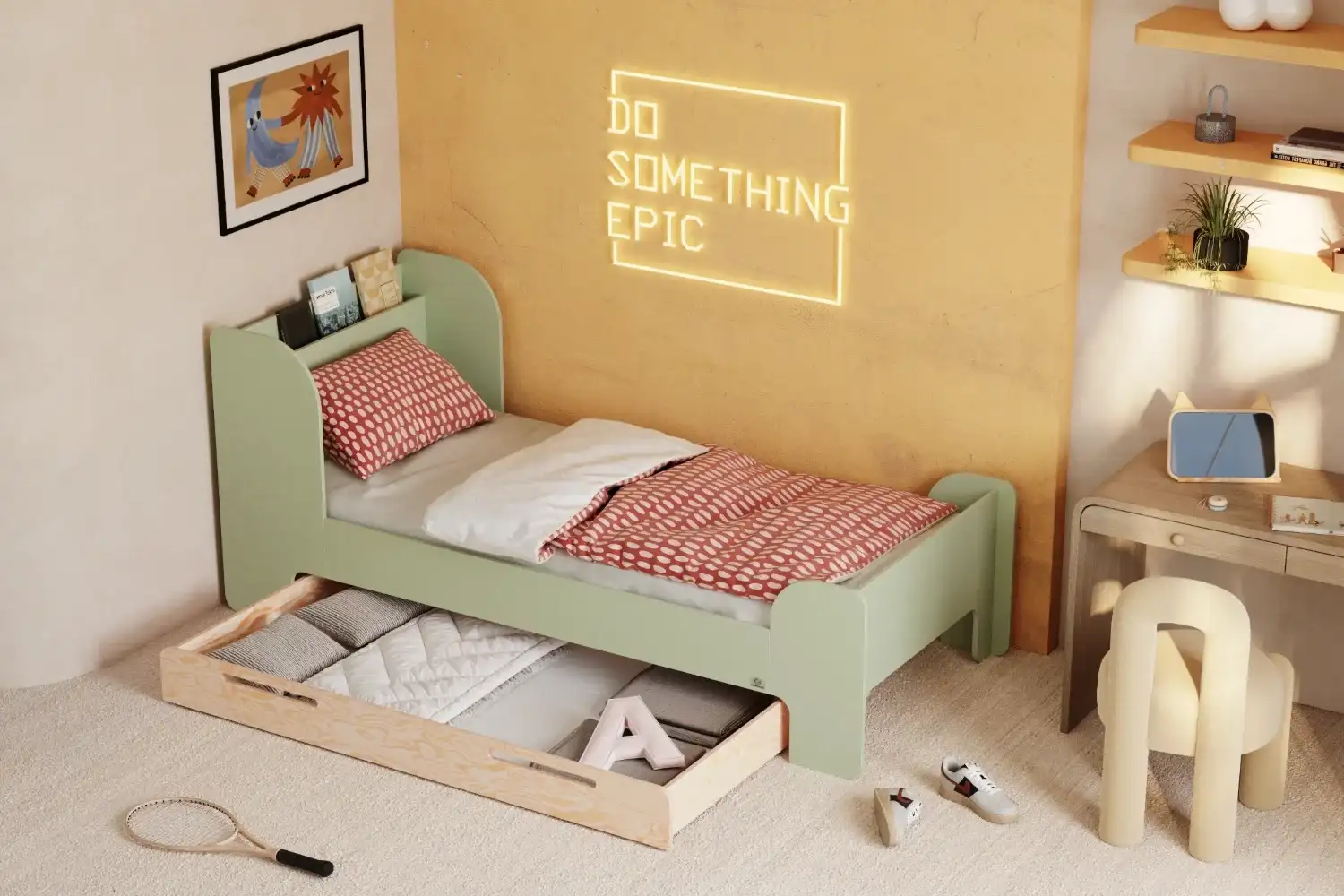 Einzelbett für Kinder und Jugendliche mit Schublade und Lattenrost FLOU D Klassisch Holz