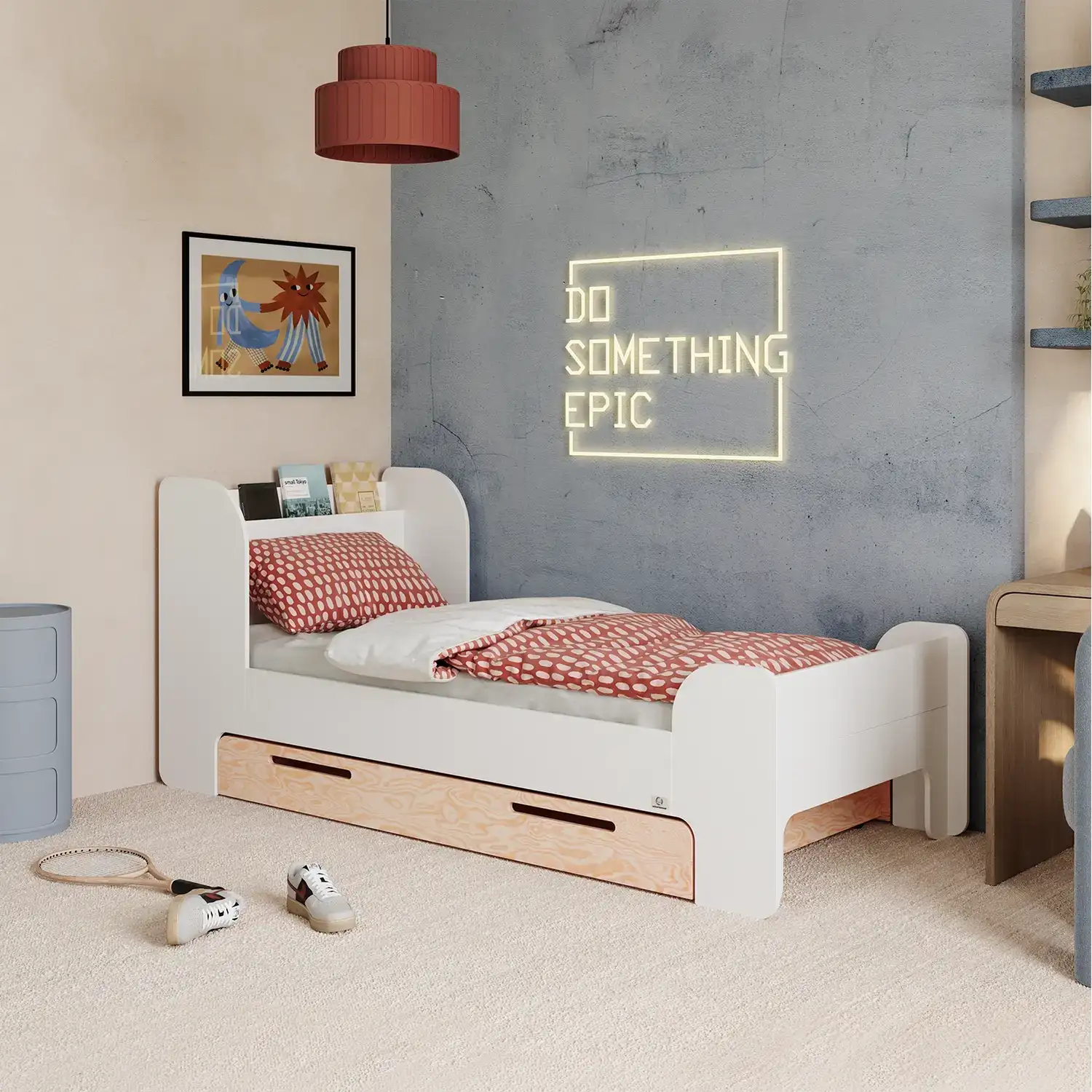 Einzelbett für Kinder und Jugendliche mit Schublade und Lattenrost FLOU D Klassisch Holz