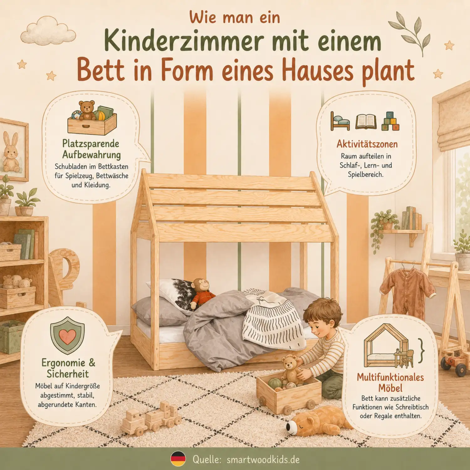 Smartwood-Infografik - wie man ein Kinderzimmer mit einem Hausbett plant: platzsparende Aufbewahrung, Aktivitätszonen, Sicherheit und multifunktionale Möbel.