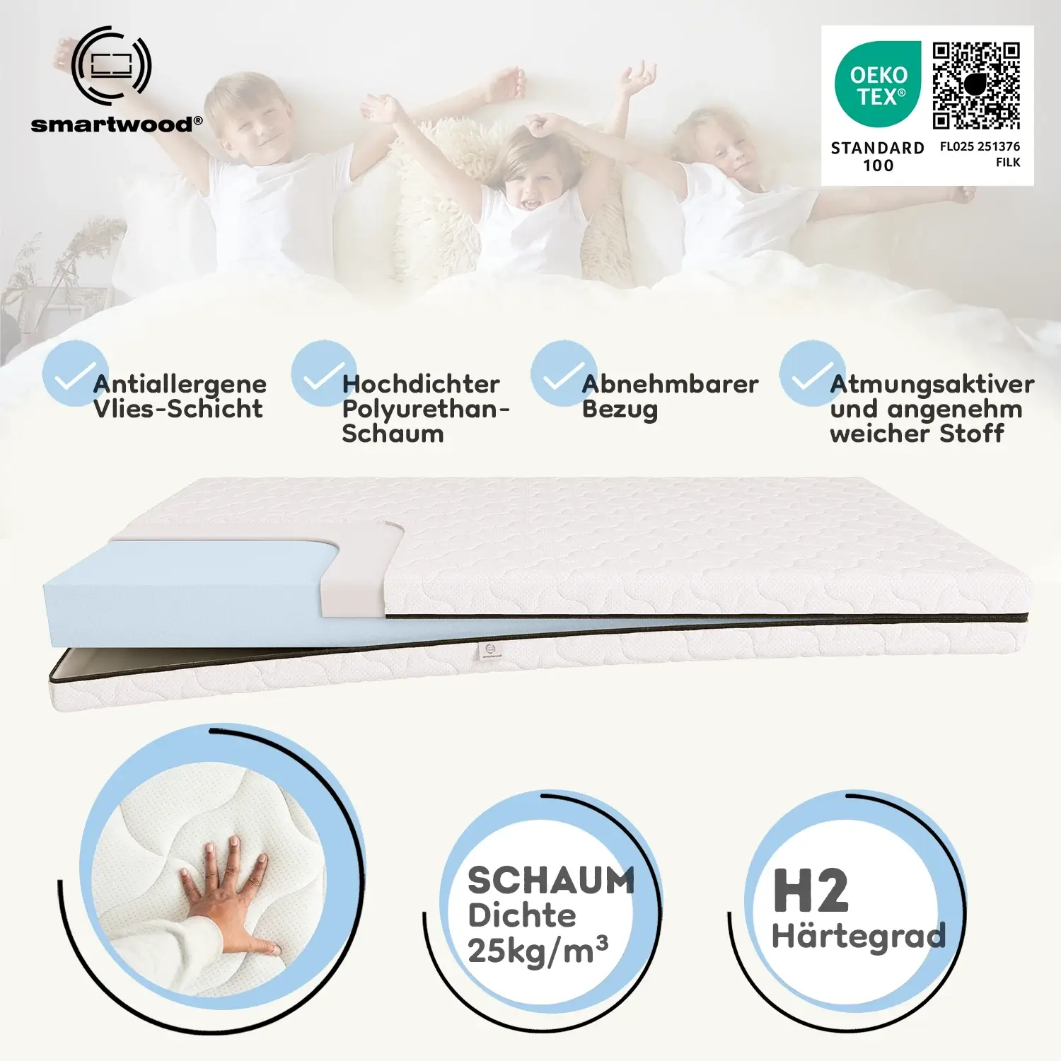 Schaumstoffmatratze für Kinder 14 cm mittlerer Härtegrad (H2) - Größe XL