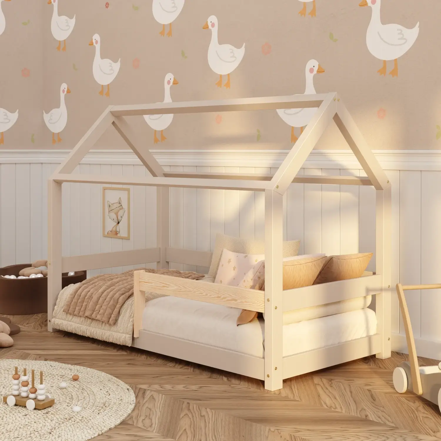 Hausbett für Kinder mit Rausfallschutz und Lattenrost MILO Montessori Holz Kaschmir