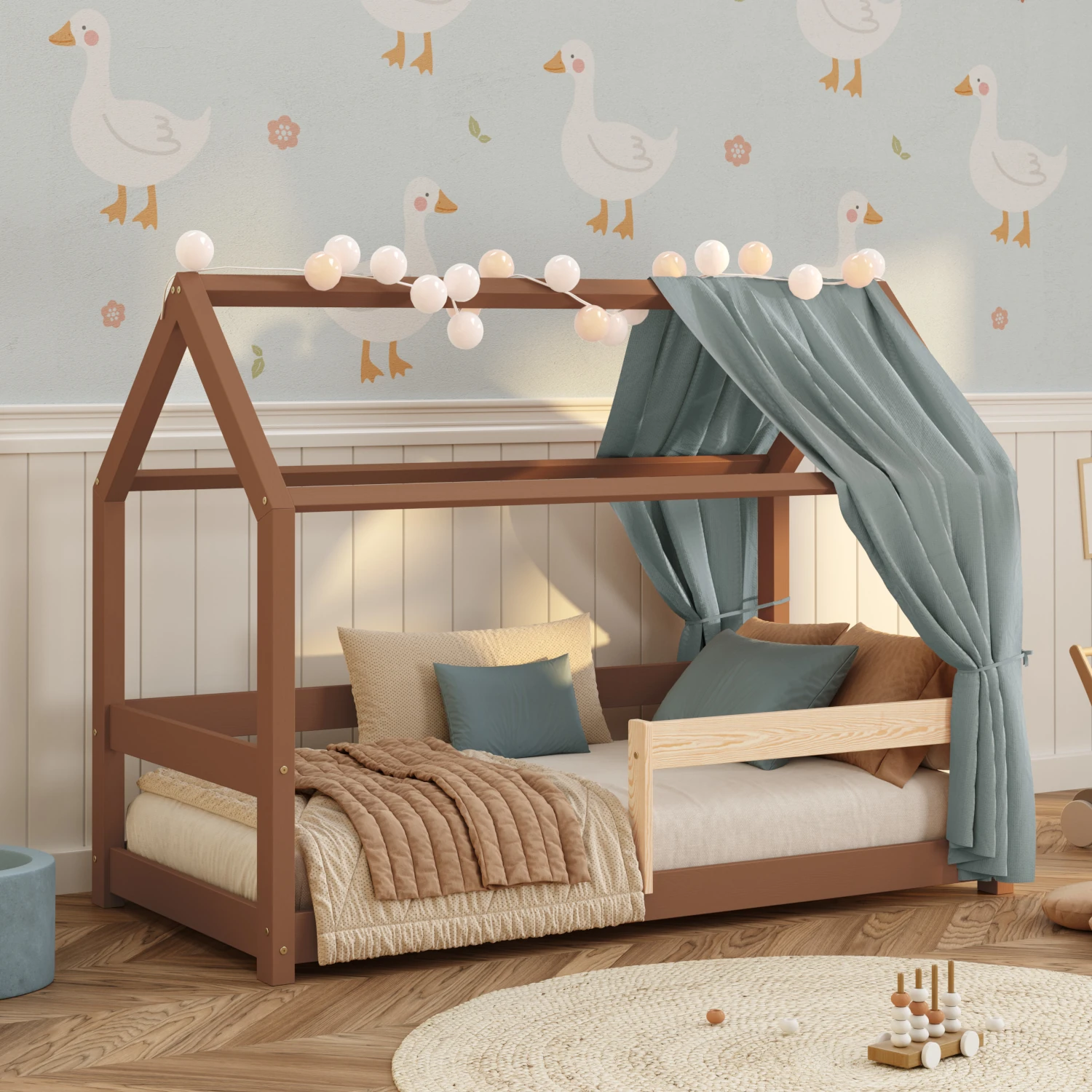 Hausbett für Kinder mit Rausfallschutz und Lattenrost MILO Montessori Holz Schokolade