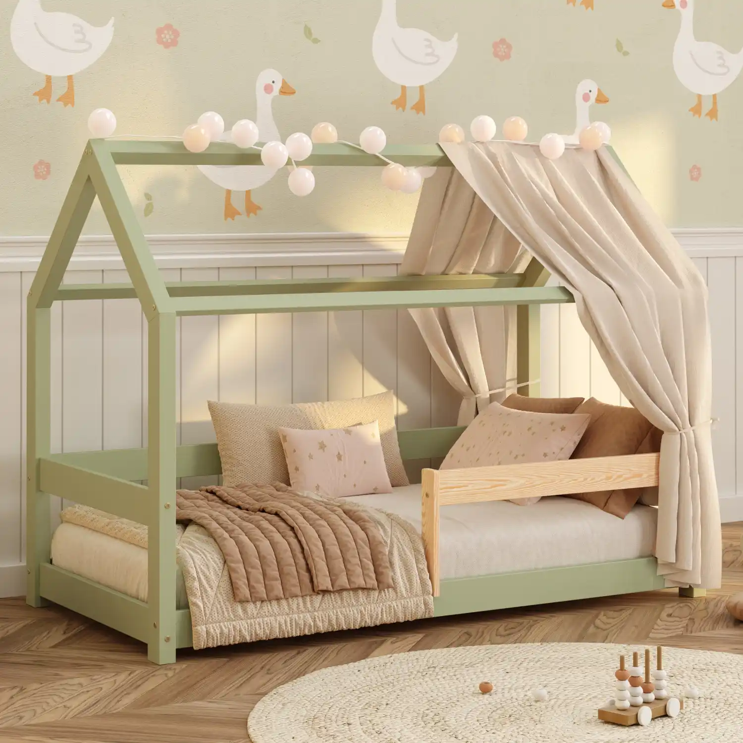 Hausbett für Kinder mit Rausfallschutz und Lattenrost MILO Montessori Holz