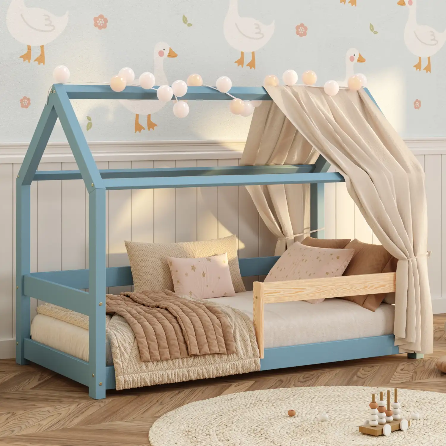 Hausbett für Kinder mit Rausfallschutz und Lattenrost MILO Montessori Holz