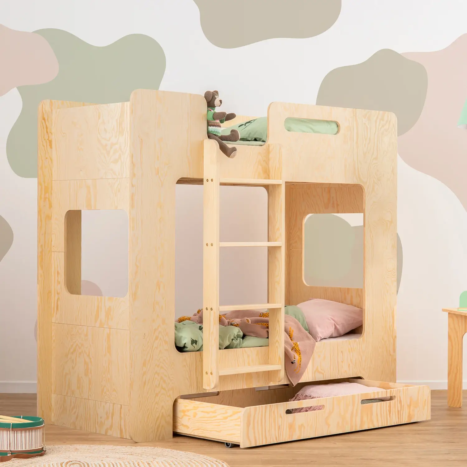 Etagenbett für Kinder mit Schublade und Lattenrost MIMI D Montessori Holz