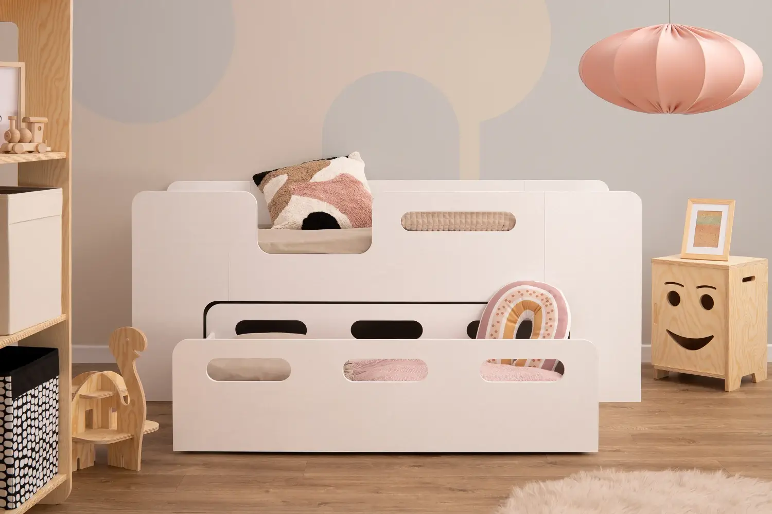 Kinderbett mit Schublade und Lattenrost PIPI Montessori Holz Weiss