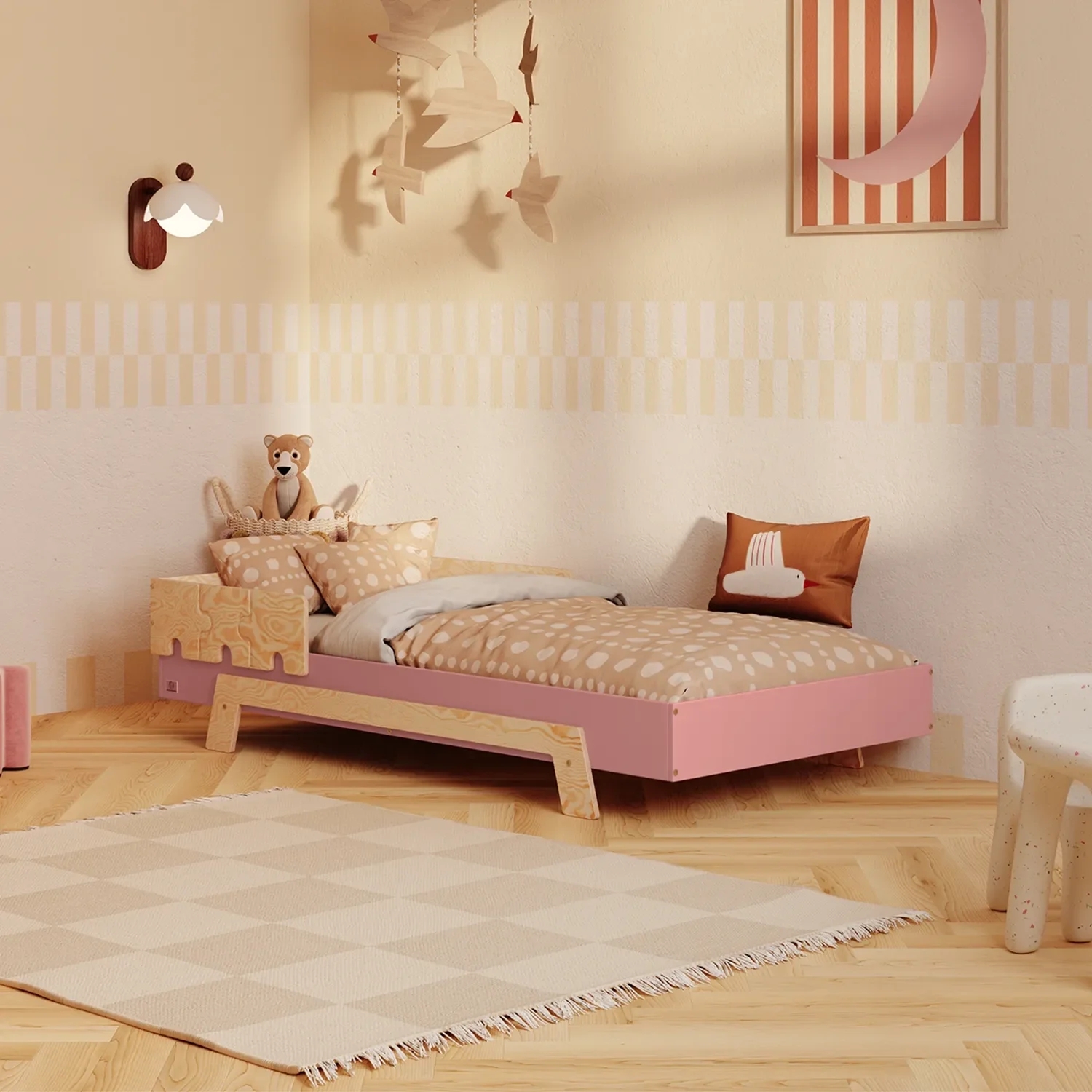 Einzelbett für Kinder mit Rausfallschutz und Lattenrost PUZZLE BR1 Montessori Holz