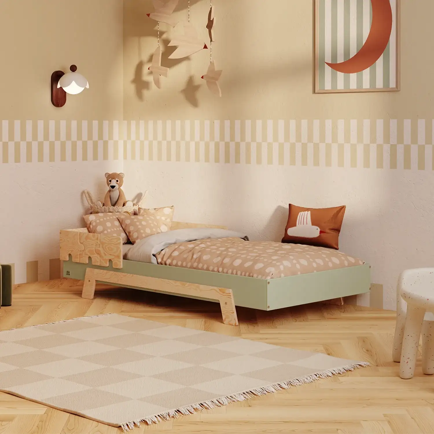 Einzelbett für Kinder mit Rausfallschutz und Lattenrost PUZZLE BR1 Montessori Holz