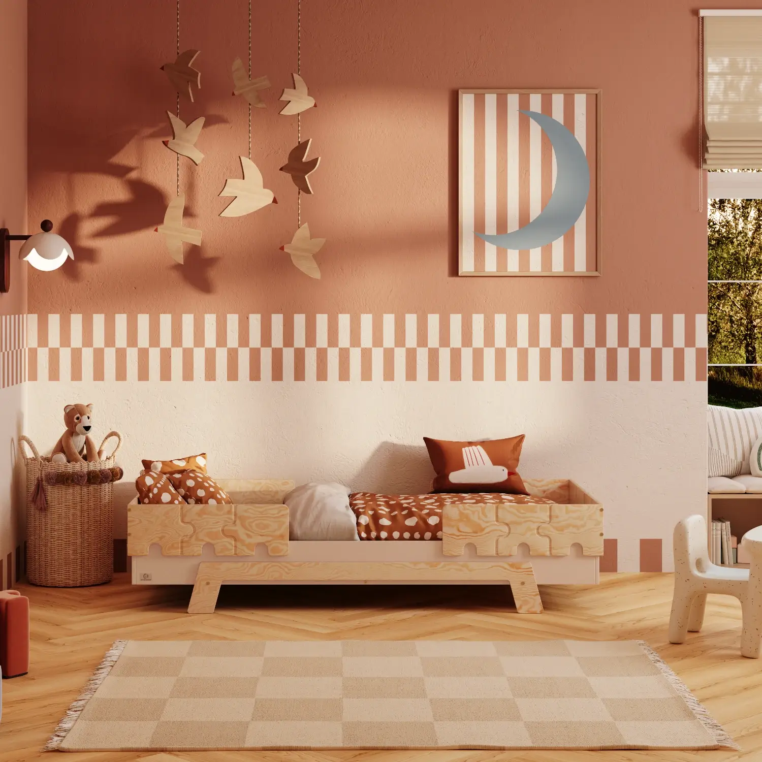 Einzelbett für Kinder mit Rausfallschutz und Lattenrost PUZZLE BR2 Montessori Holz Kaschmir