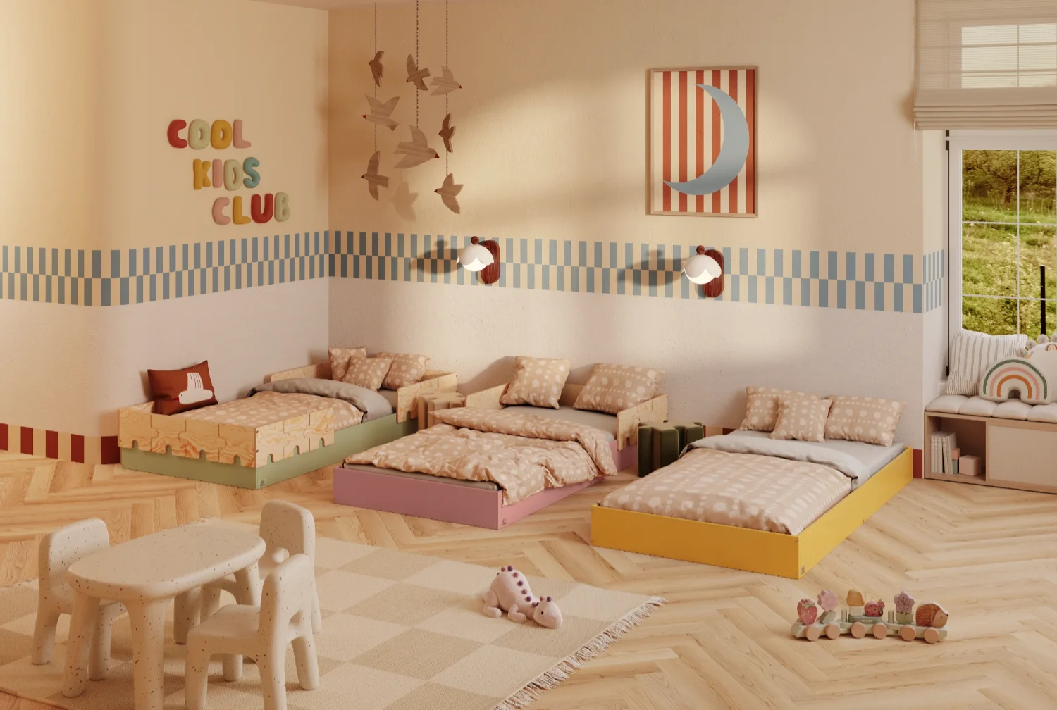 6in1 Einzelbett für Kinder mit Rausfallschutz und Lattenrost PUZZLE BR2 Montessori Holz