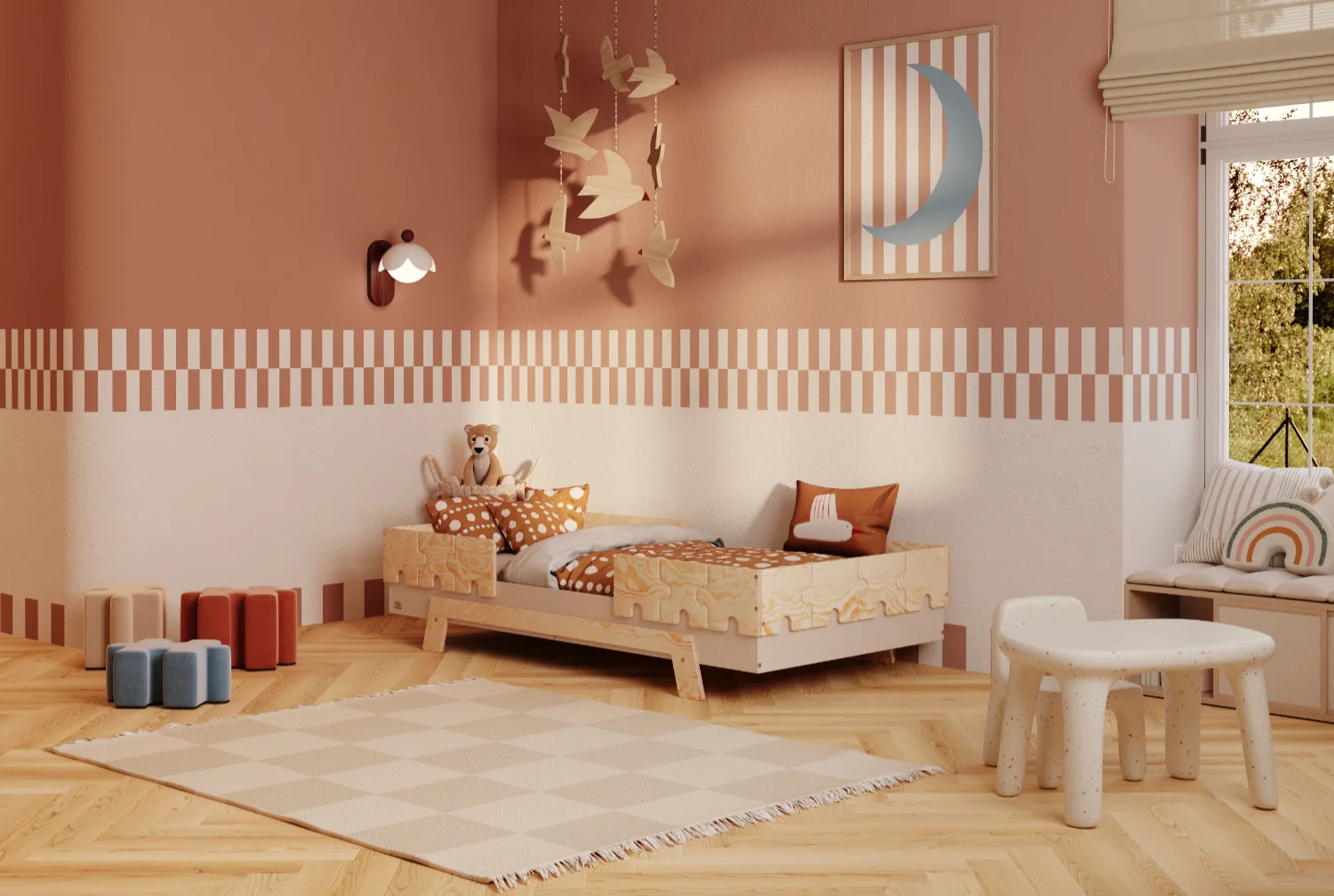 Einzelbett für Kinder mit Rausfallschutz und Lattenrost PUZZLE BR2 Montessori Holz Kaschmir