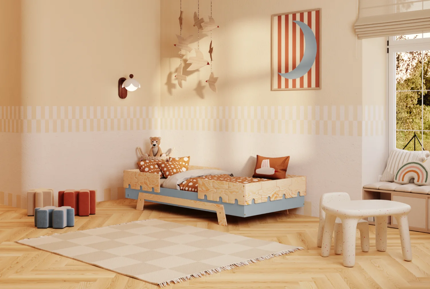 Einzelbett für Kinder mit Rausfallschutz und Lattenrost PUZZLE BR2 Montessori Holz