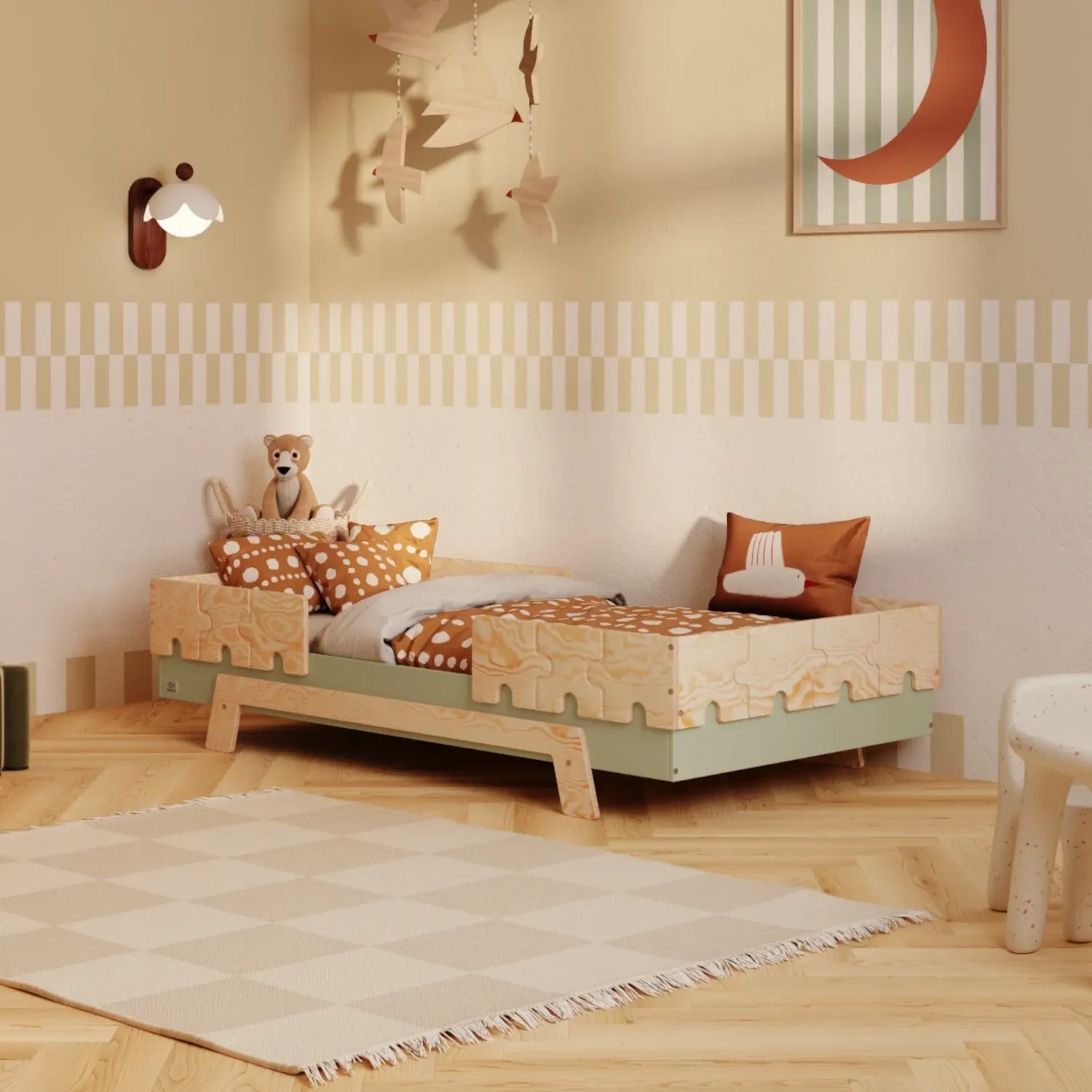 Einzelbett für Kinder mit Rausfallschutz und Lattenrost PUZZLE BR2 Montessori Holz