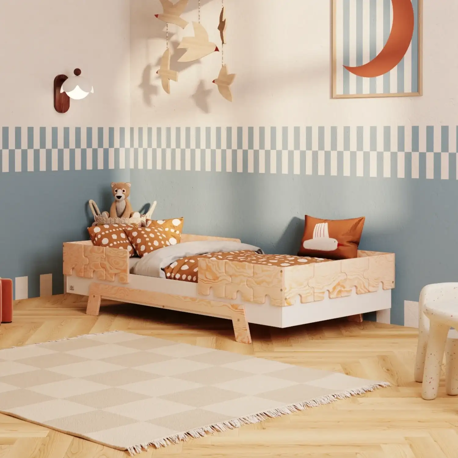 Einzelbett für Kinder mit Rausfallschutz und Lattenrost PUZZLE BR2 Montessori Holz