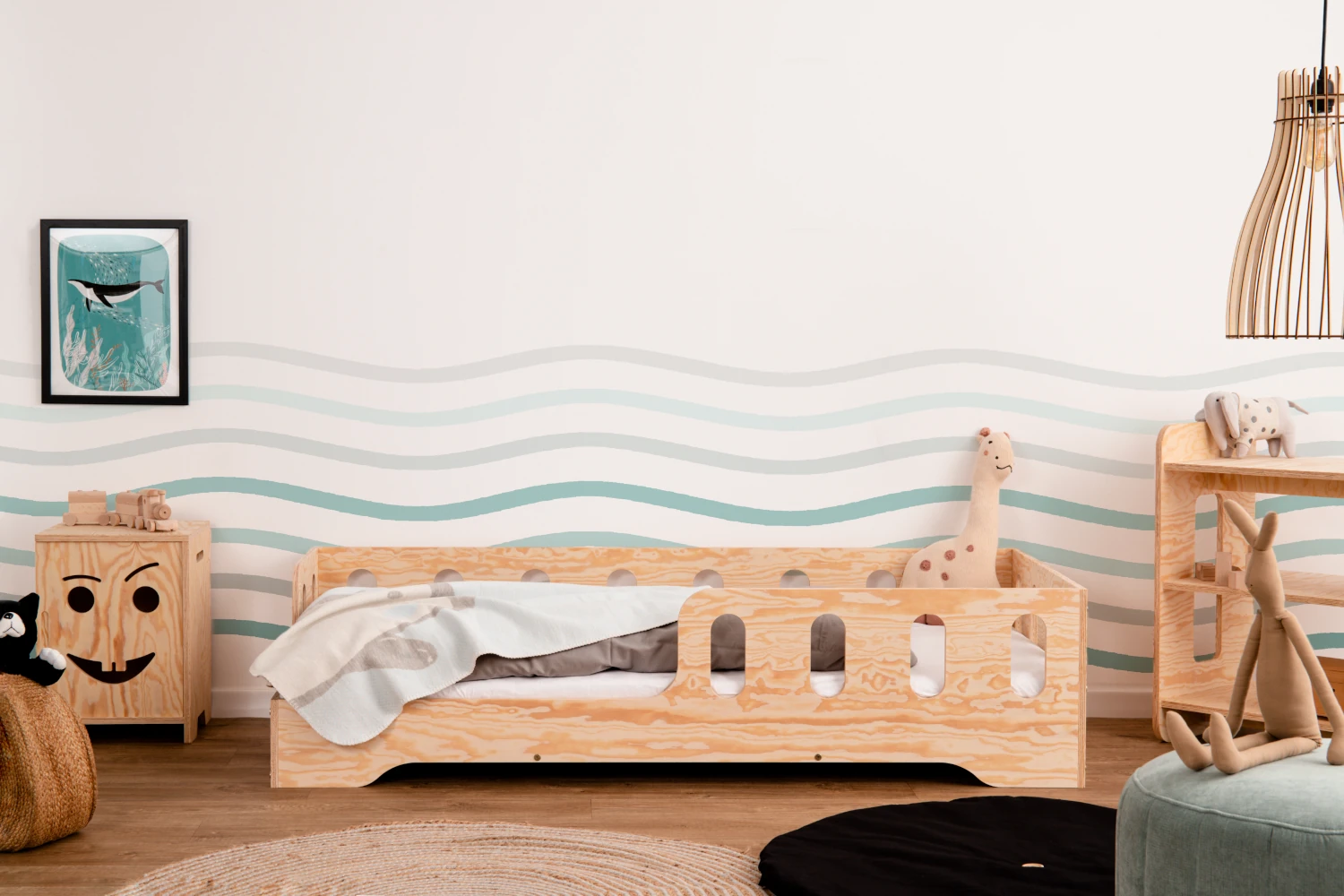 Einzelbett für Kinder mit Rausfallschutz und Lattenrost TILA 1 Montessori Holz