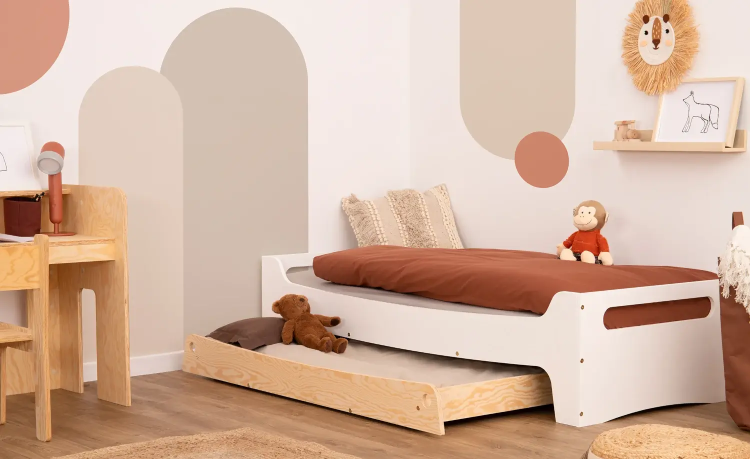 Kinderbett mit Schublade und Lattenrost TILA 10 Montessori Holz Weiss