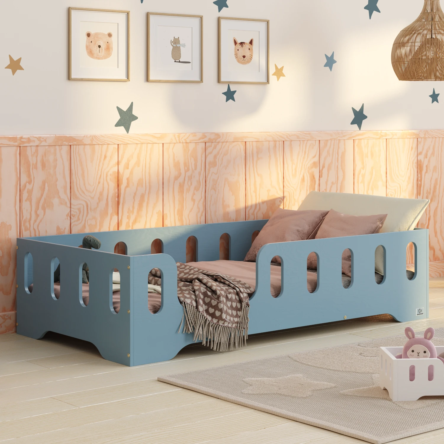 Einzelbett für Kinder mit Rausfallschutz und Lattenrost TILA 2 Montessori Holz Blau