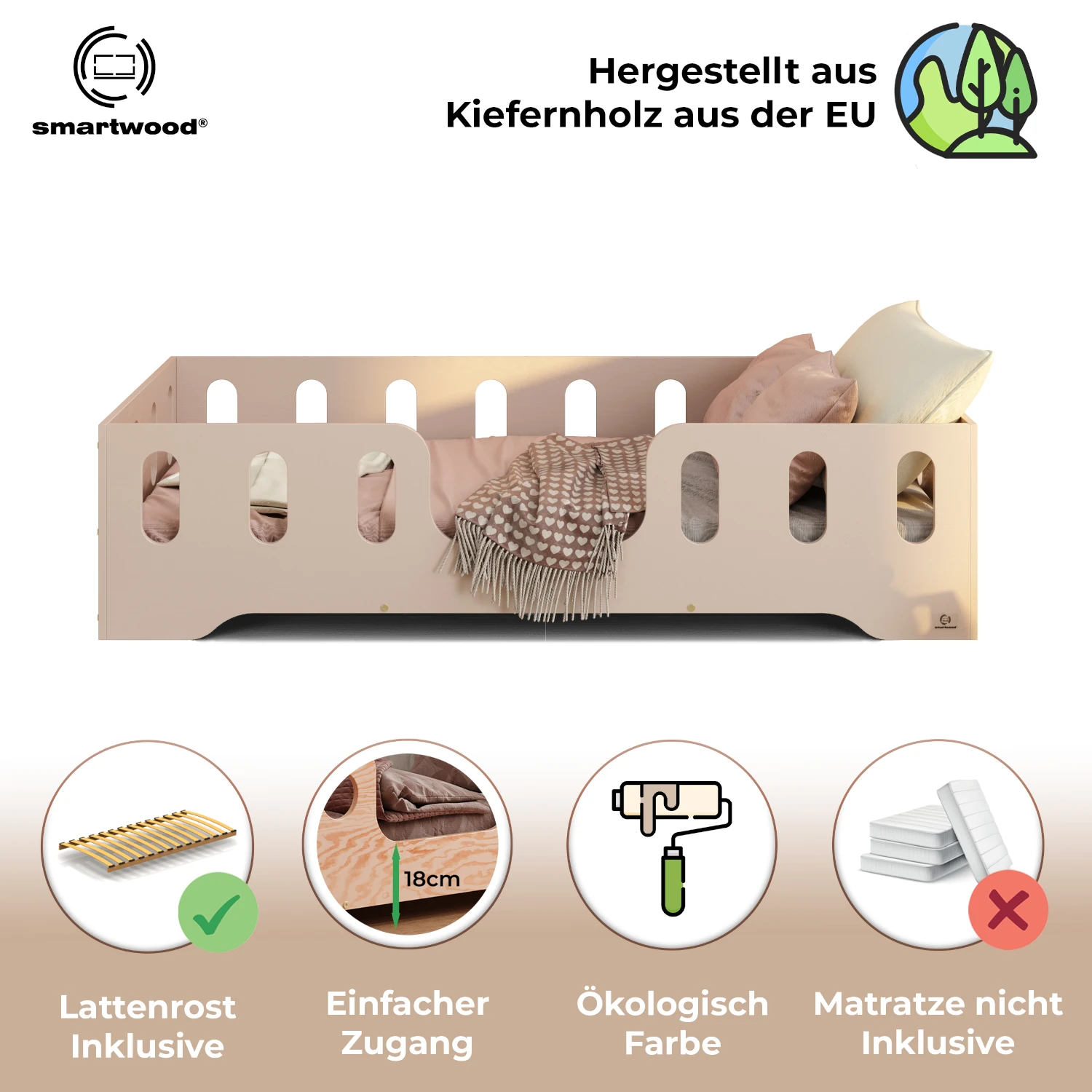 Einzelbett für Kinder mit Rausfallschutz und Lattenrost TILA 2 Montessori Holz Kaschmir