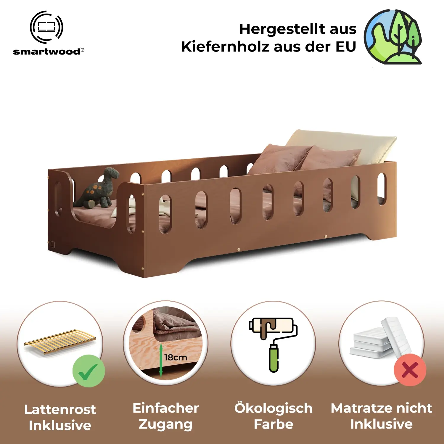 Einzelbett für Kinder mit Rausfallschutz und Lattenrost TILA 2 Montessori Holz Schokolade