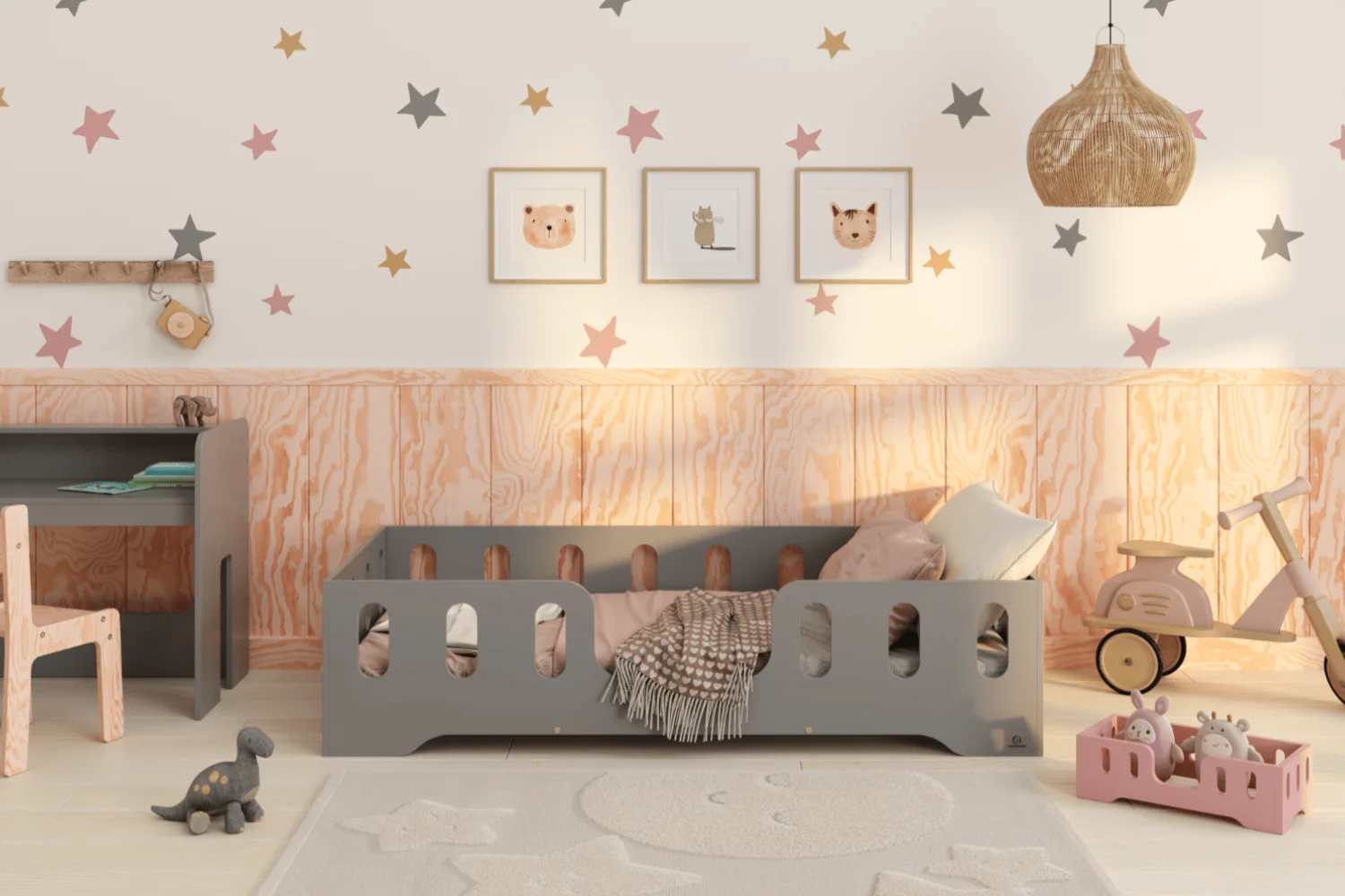 Einzelbett für Kinder mit Rausfallschutz und Lattenrost TILA 2 Montessori Holz Grau