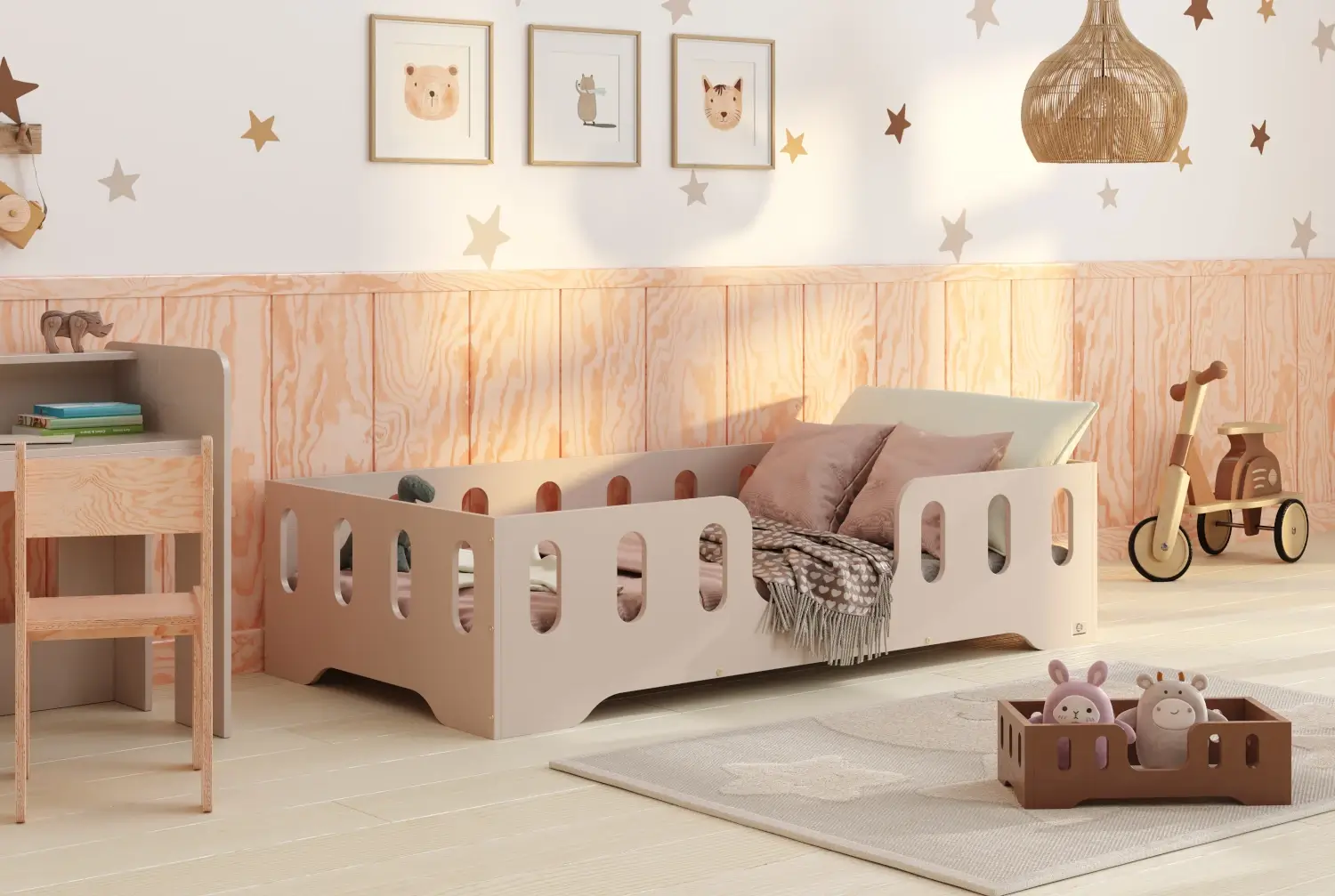 Einzelbett für Kinder mit Rausfallschutz und Lattenrost TILA 2 Montessori Holz Kaschmir