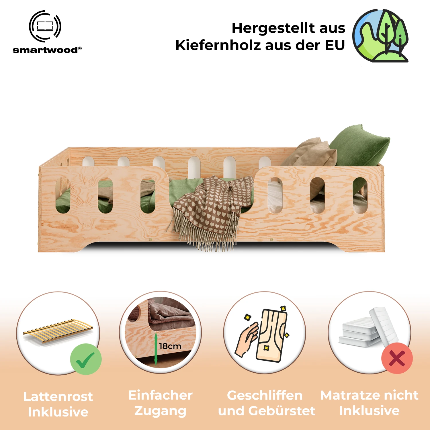 Einzelbett für Kinder mit Rausfallschutz und Lattenrost TILA 2 Montessori Holz