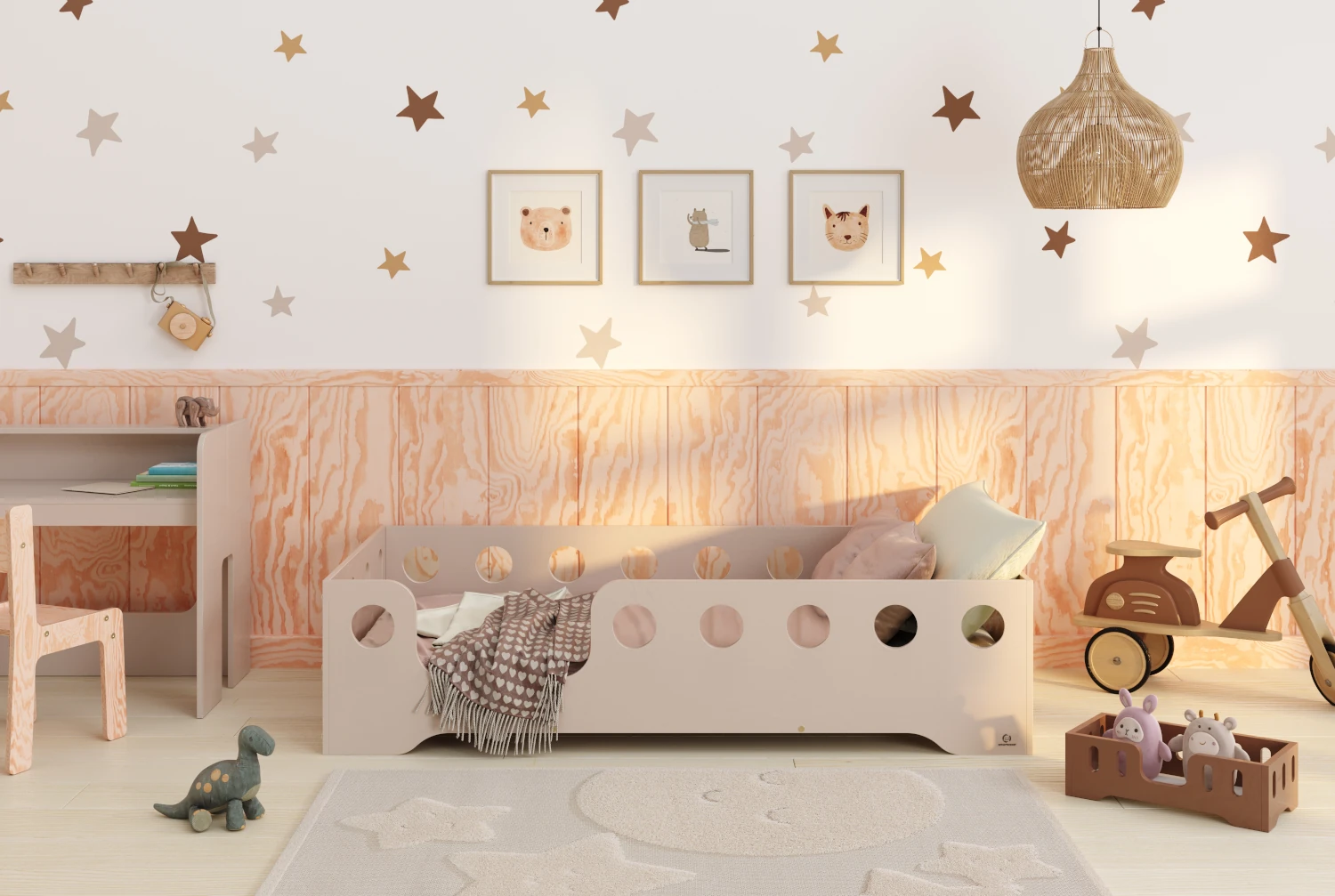Einzelbett für Kinder mit Rausfallschutz und Lattenrost TILA 4 Montessori Holz Kaschmir