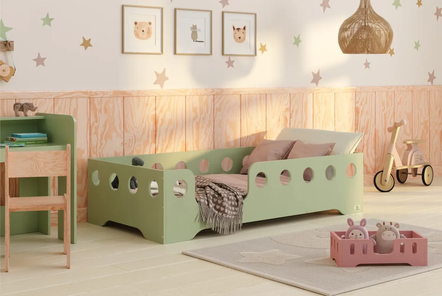Einzelbett für Kinder mit Rausfallschutz und Lattenrost TILA 4 Montessori Holz Gruen